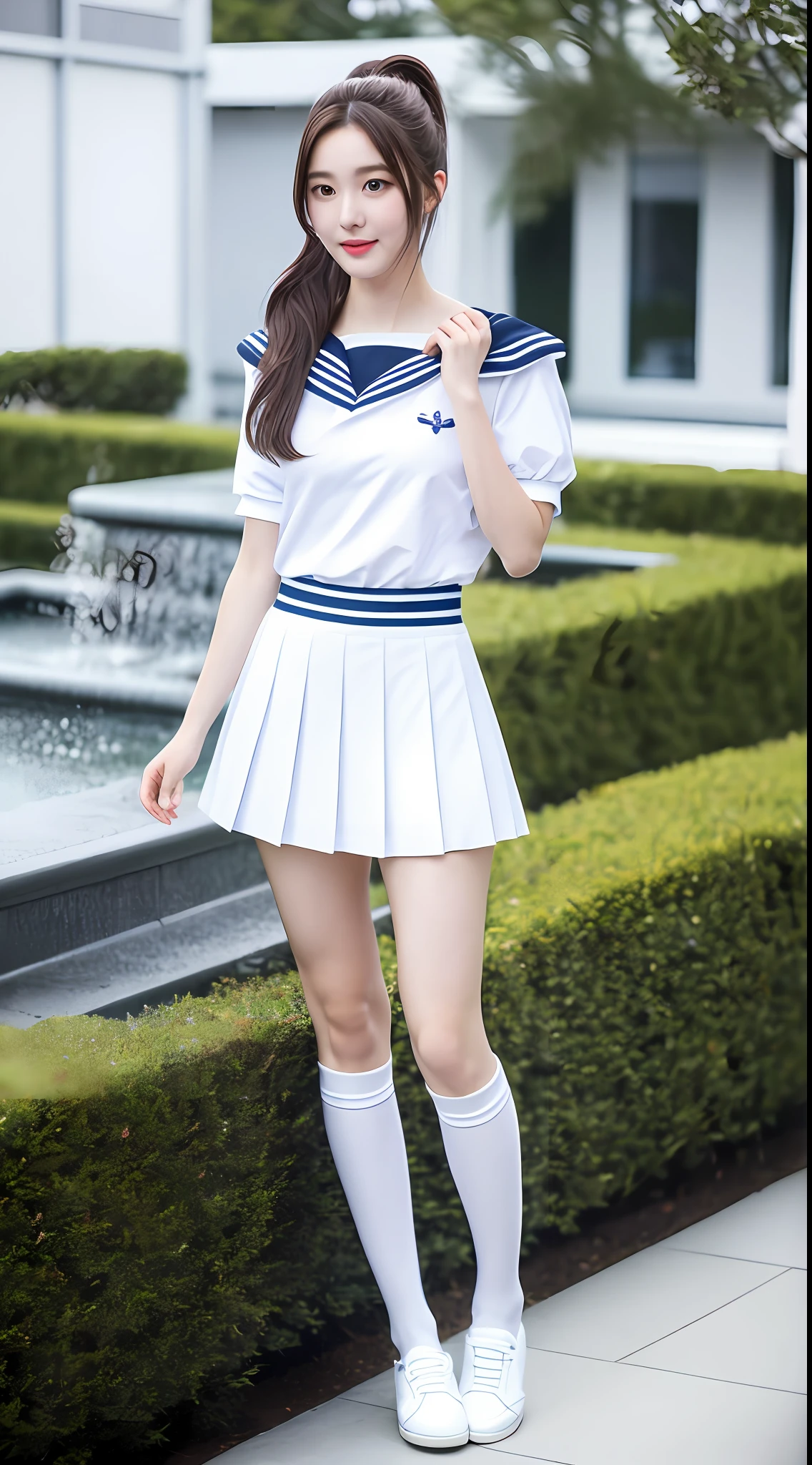 Realistic photos of shoulder length hair, ponytail, thin makeup, (small breasts), fountain, clear facial features, 8K high resolution, sharp and realistic details, full body, high school uniform, white skin, white sailor suit, mini skirt, pleated skirt, f/4.0, 135mm, fujifilm, jpeg artifact, dithering, UHD, masterpiece, wind, cherry, blur, white pants,