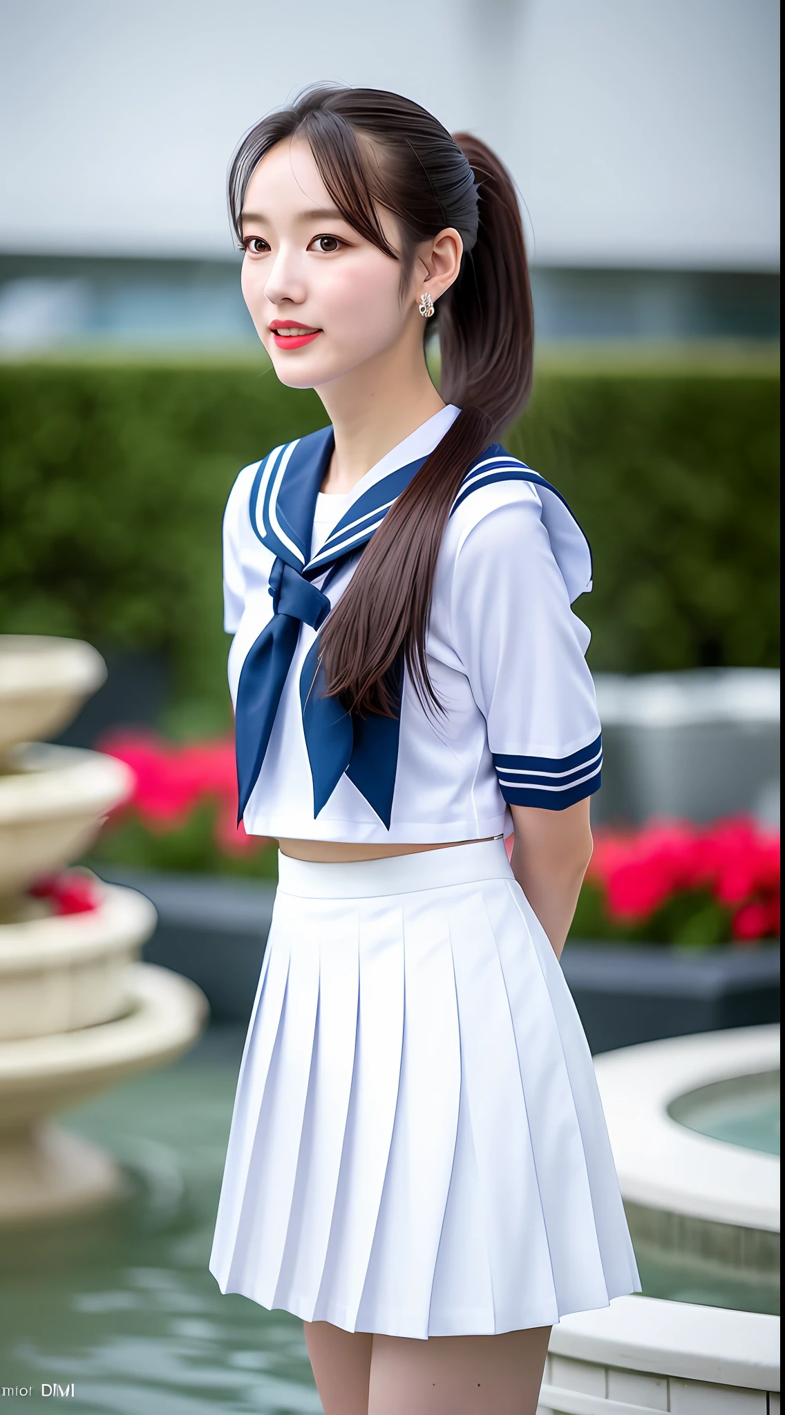 Realistic photos of shoulder length hair, ponytail, thin makeup, (small breasts), fountain, clear facial features, 8K high resolution, sharp and realistic details, full body, high school uniform, white skin, white sailor suit, mini skirt, pleated skirt, f/4.0, 135mm, fujifilm, jpeg artifact, dithering, UHD, masterpiece, wind, cherry, blur, white pants,