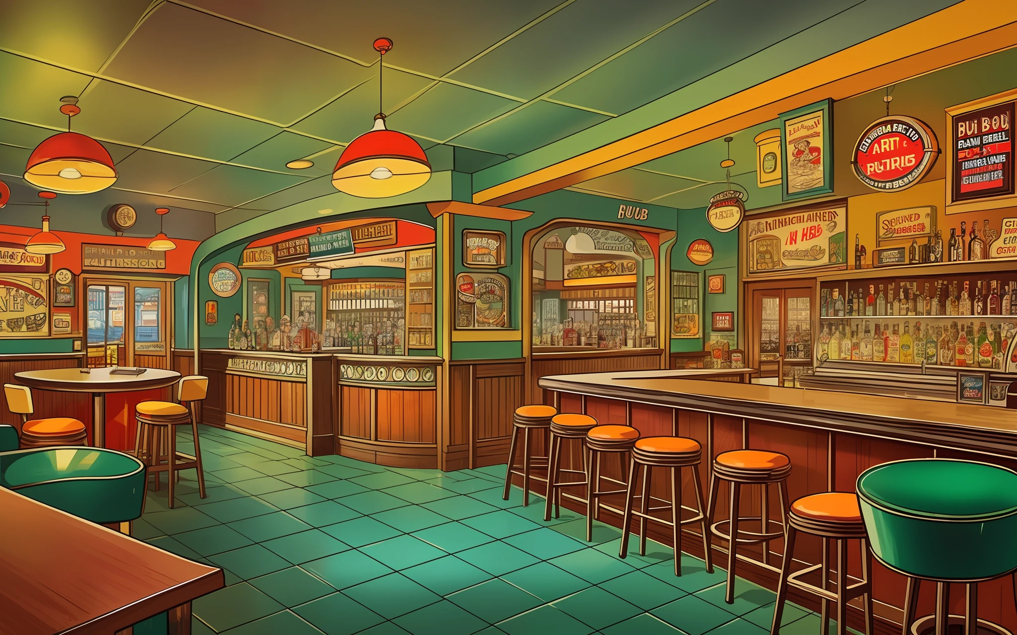 A wide-angle drawing of a 1950s themed pub inside, vintage 1950s ad illustration style, vivid colors, deep focus