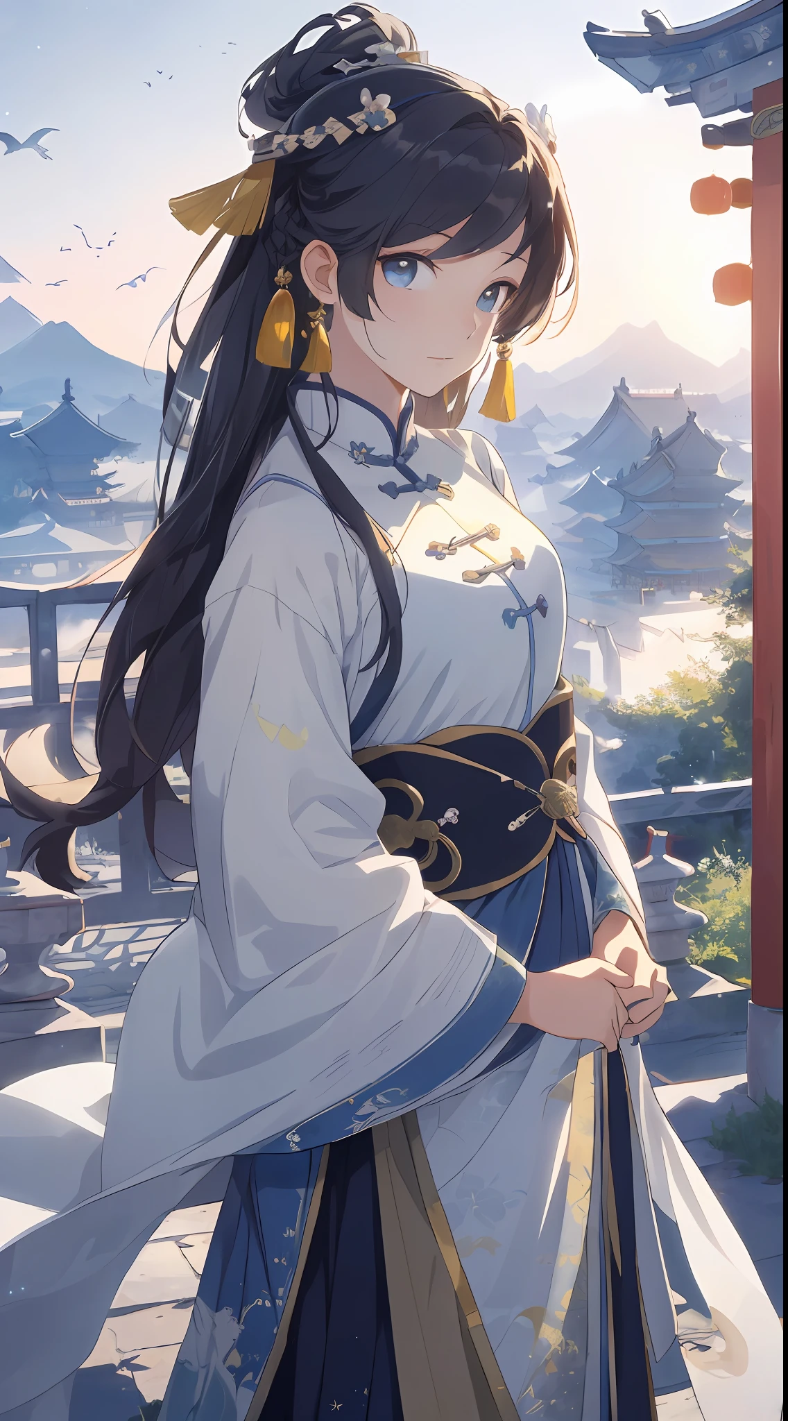 ((masterpiece, best quality, official art, unity 8k wallpaper, absurdity, high resolution, night, starry sky (Chinese heroine, 1girl:1.4), ((pure white clothes))), looking ahead, (breathtaking scenery: 1.2), natural wonders, tranquil vistas, forests, mountains, outdoor adventures, (diverse ecosystems: 1.2), scenic beauty, trees, castles, Villages, flowers, bridges, fences, birds --v6