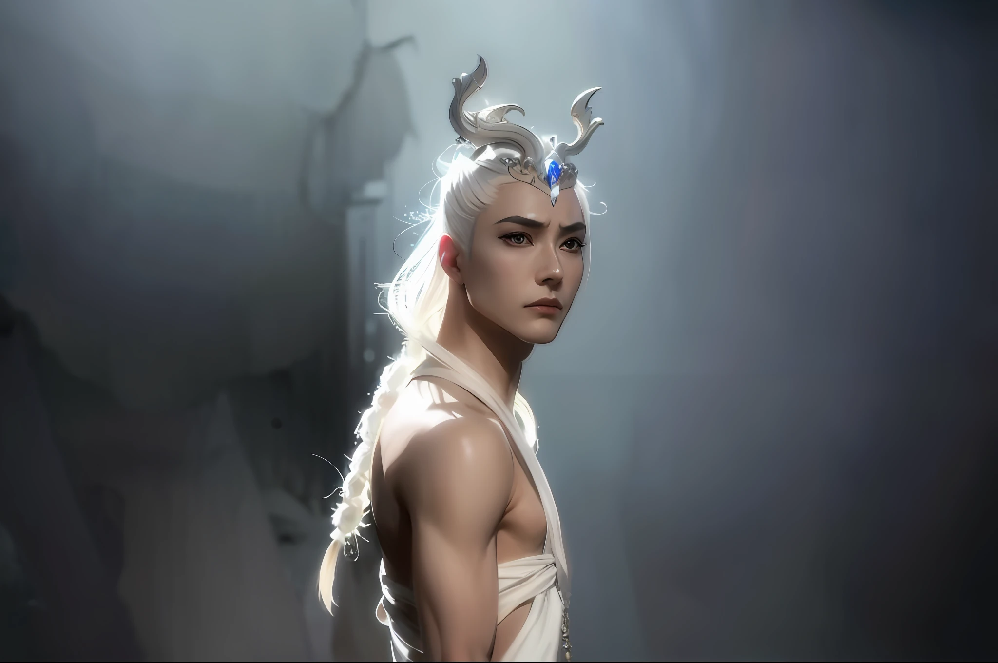 Arad man in a white dress and crown on his head, male demon with white horns, exquisite androgynous prince, Chen Xintong, beautiful andropod prince, inspired by Xia Yong, inspired by Dai Jin, inspired by Pan Tianshou, epic non-binary model, long white hair, long white hair, 4k, muscular