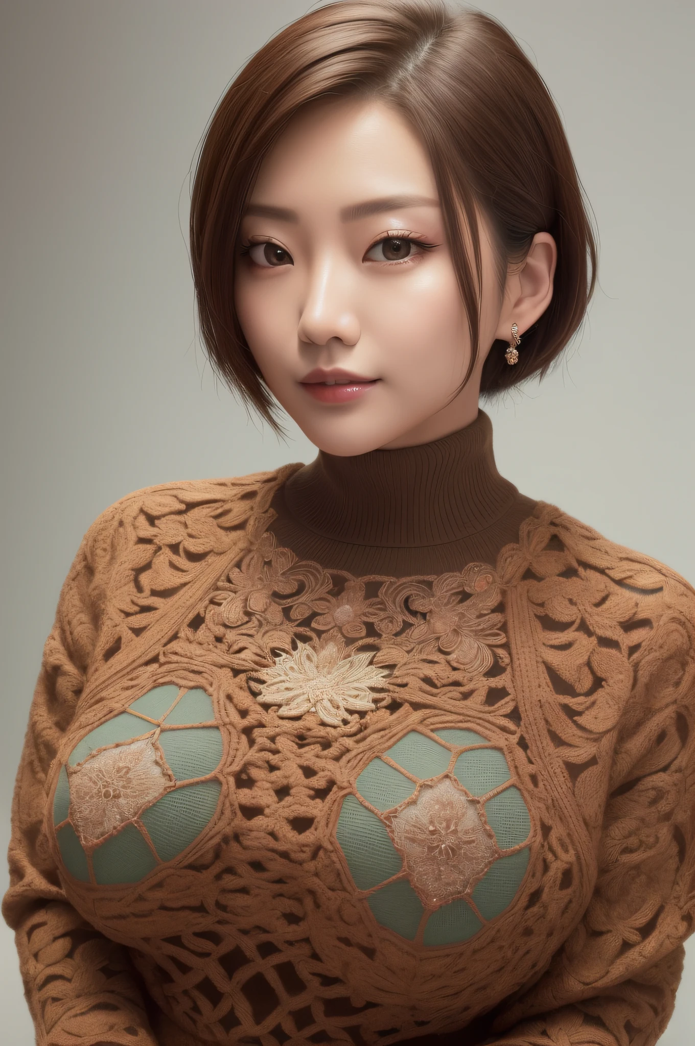 a K-pop idol wearing a turtle neck sweater,
(((masterpiece))), ((best quality)), ((intricate detailed)), ((Hyperrealistic)), absurd res, milf, mature woman, perspective, highly detailed, illustration, 1girl, ((large breasts)), perfect hands, detailed fingers, beautiful detailed eyes, short hair, brown eyes,(turtle neck:1.2), tight skirt, detailed background, choker, perfect eyes, seductive eyes, looking at the viewer, from front