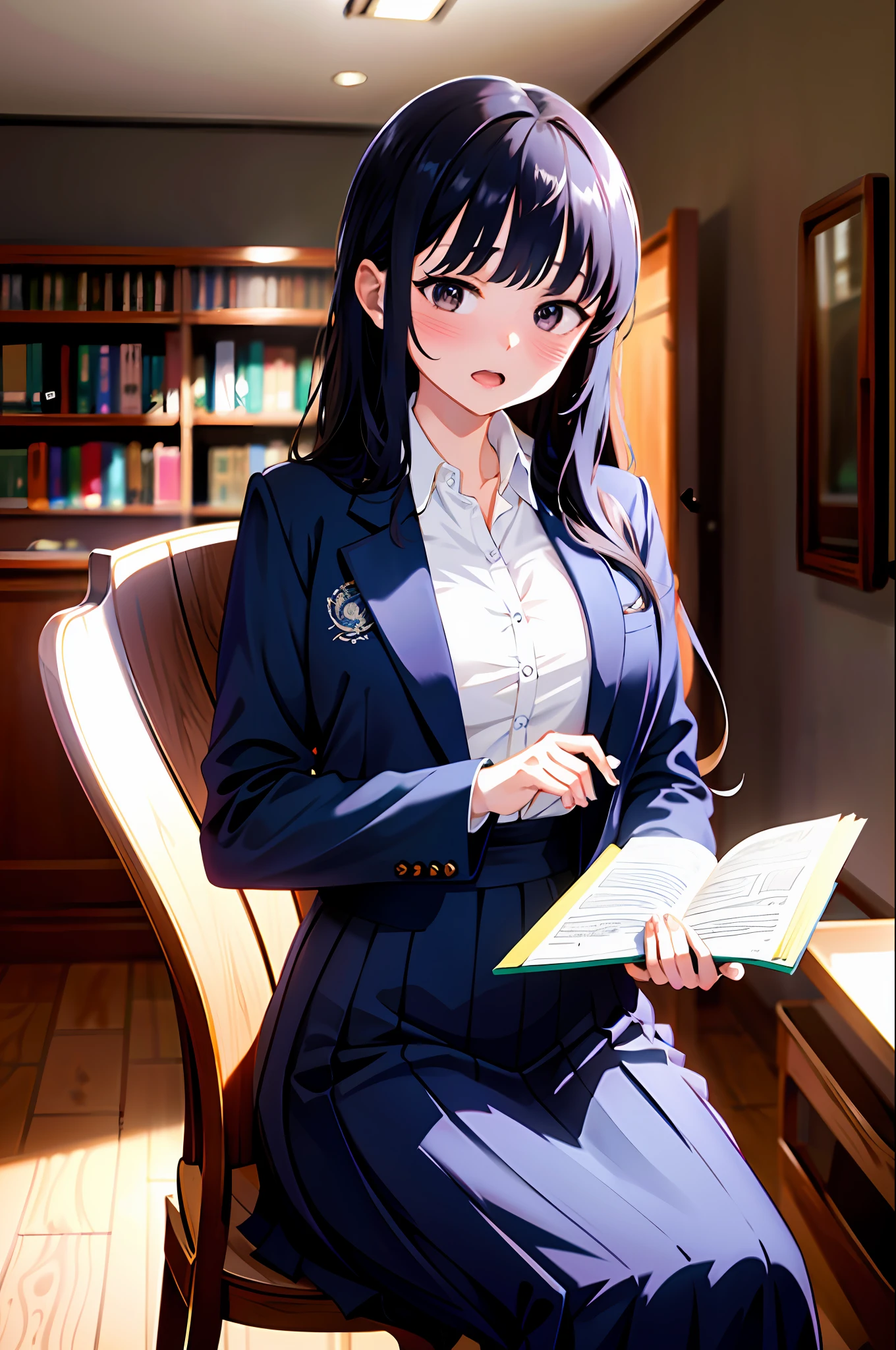 masterpiece, absurd, super detailed, anna yamada, long hair, long sleeves, open coat, room, school uniform, 1 girl, brunette hair, blue pleated skirt, blazer, blush, white collar shirt, solo, (eat spoon: 1.5), blush, angry, candy on the table, outdoors, (sitting in the library: 1.5), open mouth, (masterpiece: 1.2), high resolution, best quality, 8k, very clear,