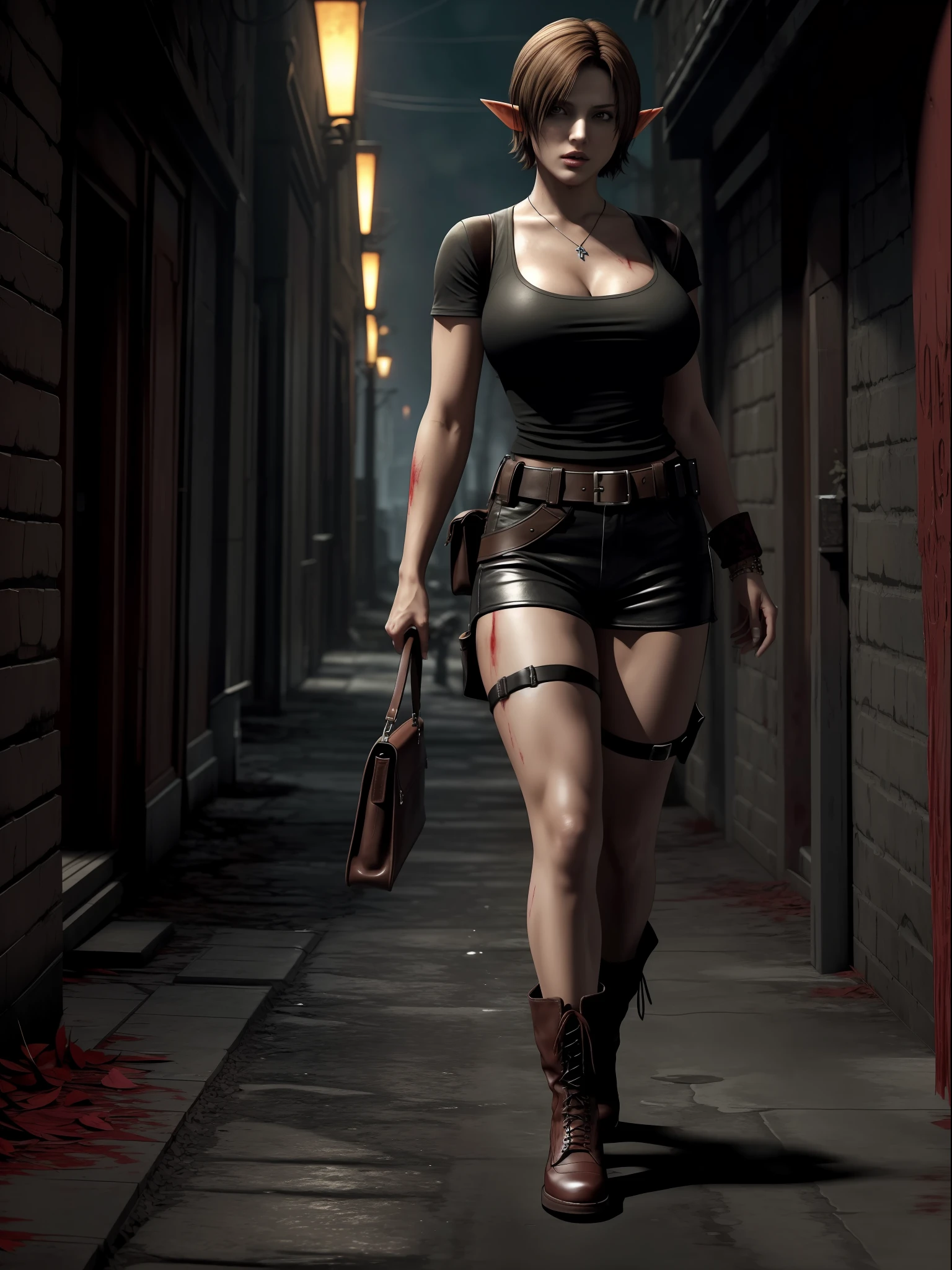 (Resident Evil 4+bloody:1.5), (full-body photo:1.67), (An elf woman and several zombies in the background:1.5), (she has gigantic breasts:1.5), (She's in Resident Evil 4+Leon's clothes with black T-shirt+brown leather chorte+extremely tight on her body:1.4), (she's walking in a night town crowded with zombies:1.5),  (she has short brown hair:1.3), (she has blue eyes:1.3), (she's doing poses+for the viewer+holding an armada), Hyperrealism, 16k, best quality, high details, UHD