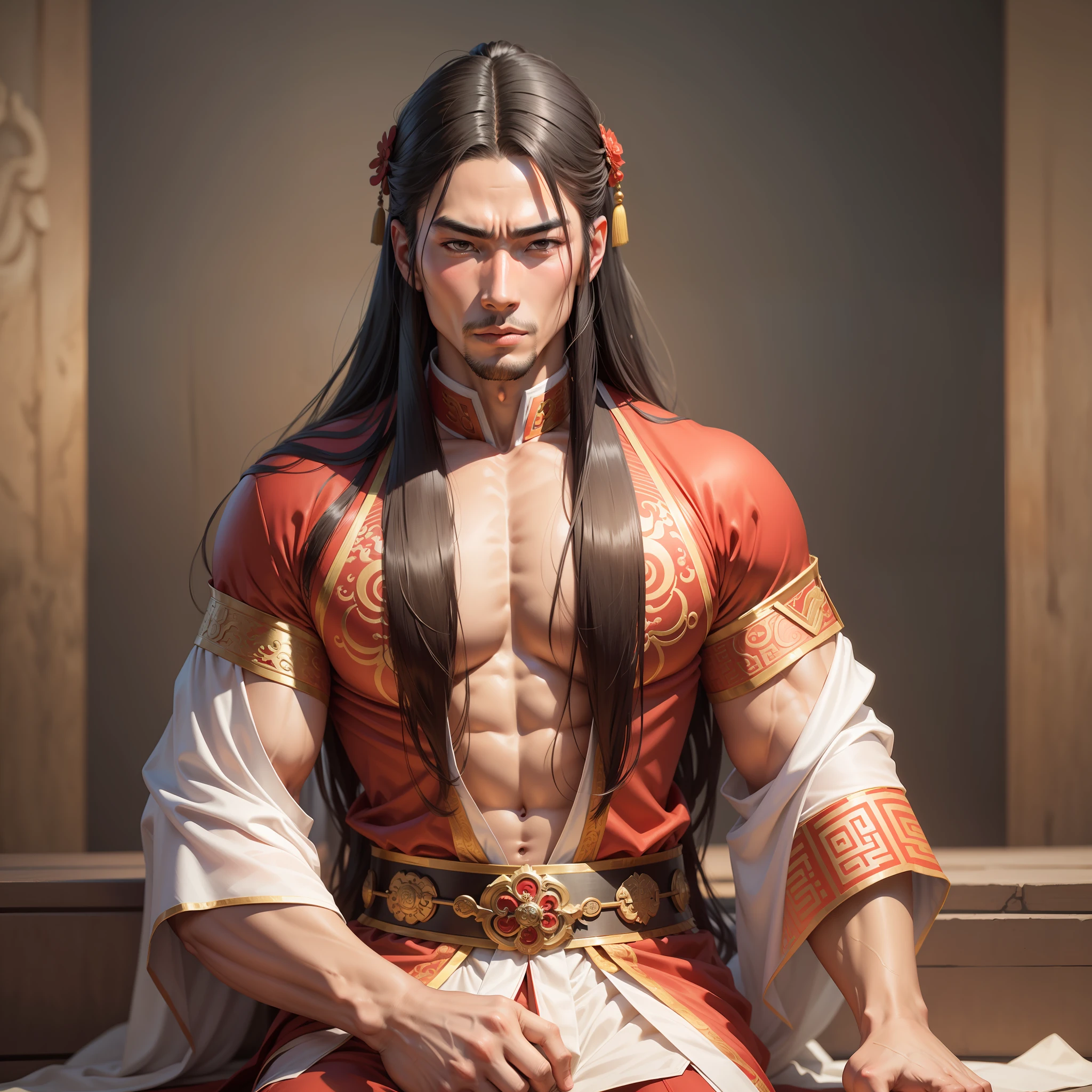 Realistic,Hot muscular Male concubine in the Han dynasty on his knees, wearing ancient revealing Chinese dress with long hair and masculine features.