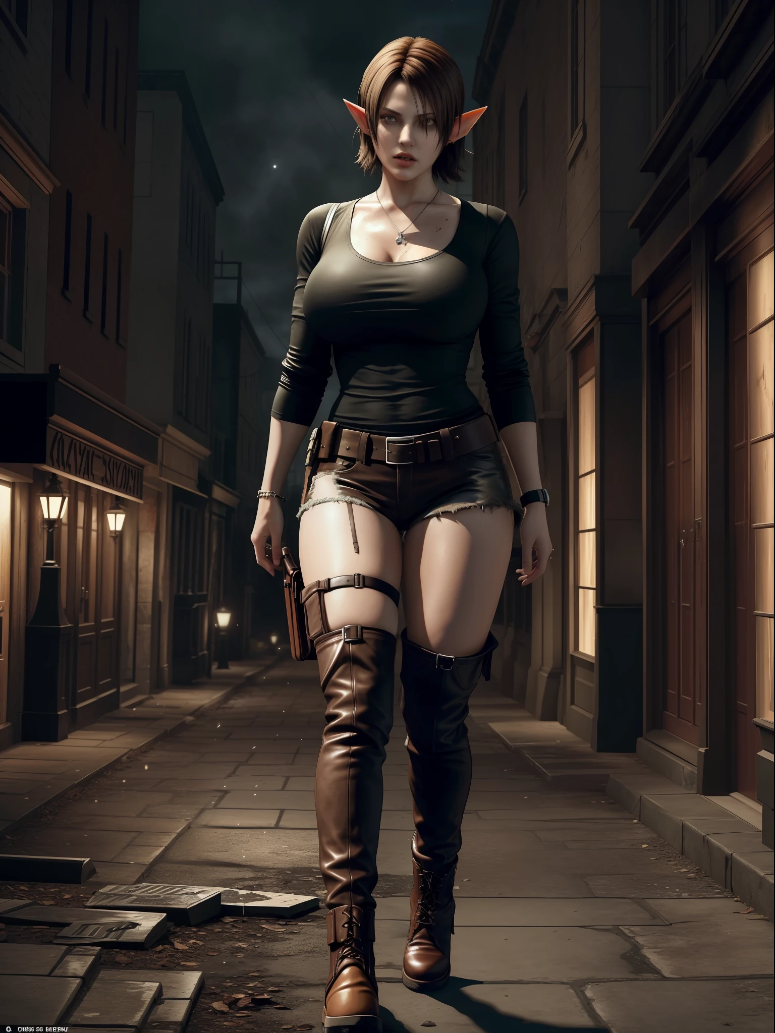 (Resident Evil 4+bloody:1.5), (full-body photo:1.67), (An elf woman and several zombies in the background:1.5), (she has gigantic breasts:1.5), (She's in Resident Evil 4+Leon's clothes with black T-shirt+brown leather chorte+extremely tight on her body:1.4), (she's walking in a night town crowded with zombies:1.5), (she has short brown hair:1.3), (she has blue eyes:1.3), (she's doing poses+for the viewer+holding an armada), Hyperrealism, 16k, best quality, high details, UHD