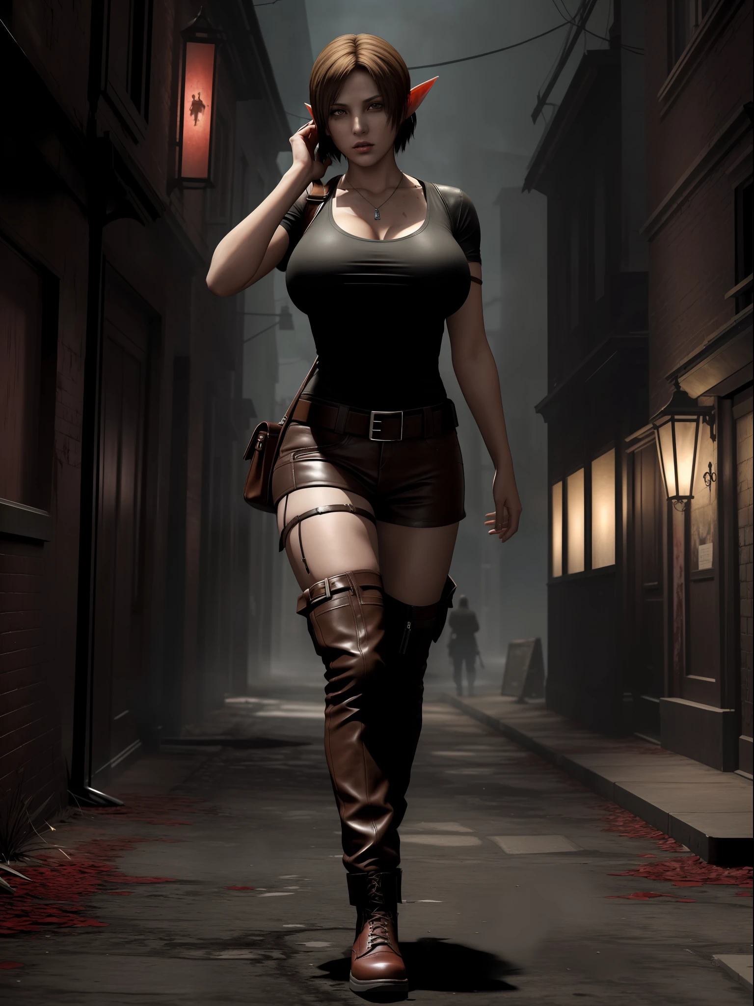 (Resident Evil 4+bloody:1.5), (full-body photo:1.67), (An elf woman and several zombies in the background:1.5), (she has gigantic breasts:1.5), (She's in Resident Evil 4+Leon's clothes with black T-shirt+brown leather chorte+extremely tight on her body:1.4), (she's walking in a night town crowded with zombies:1.5),  (she has short brown hair:1.3), (she has blue eyes:1.3), (she's doing poses+for the viewer+holding an armada), Hyperrealism, 16k, best quality, high details, UHD