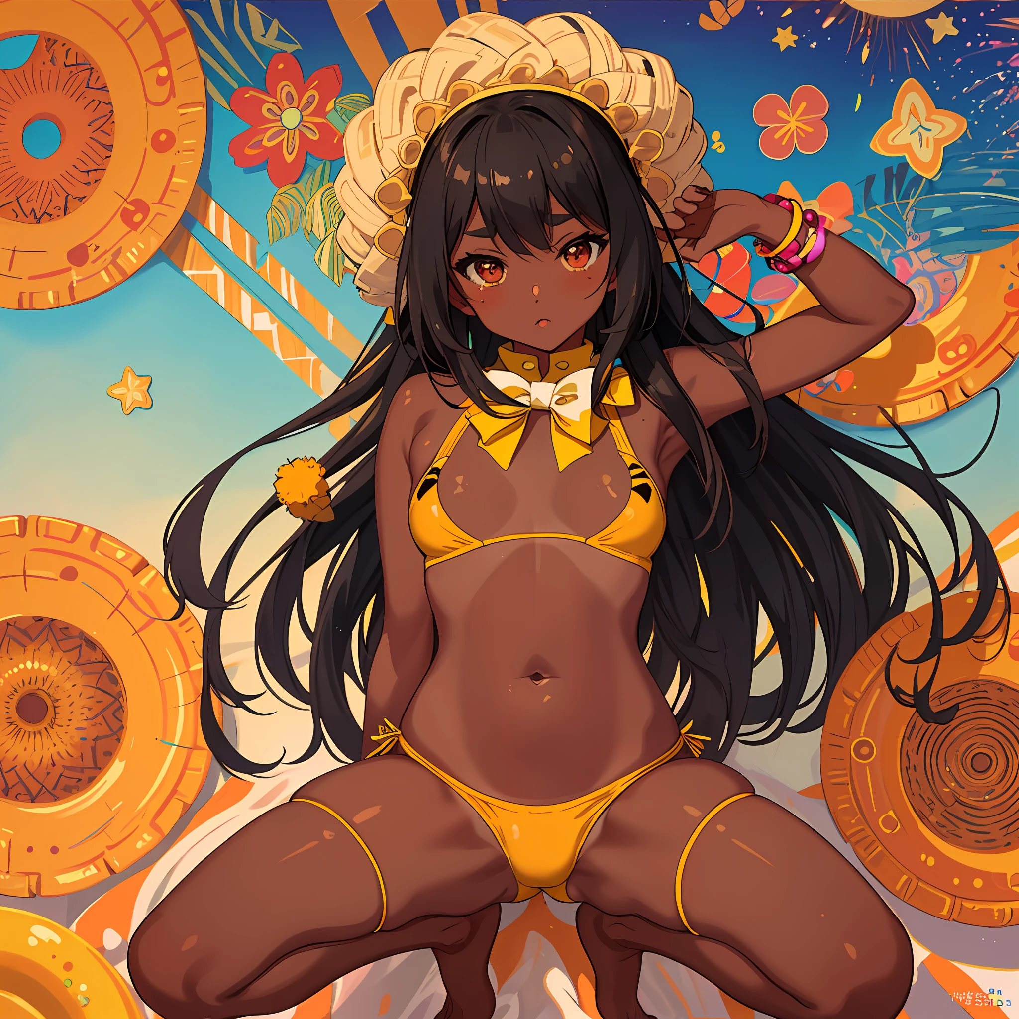 Yayoi Kusama, (dark skin: 0.5),(tanlines:1.1), (school swimsuit tan:1.2),(gyaru:1.3), centered, sleepy eyes, fusion of nipple seal and low-rise shorts, small, female brat, thick eyebrows, thin waist, pigtails, beautiful blonde, braid, rabbit ears, (masterpiece), ((highest quality)), (super detailed), girl, Clean and detailed face, five fingers, textile shading, perfect human structure, perfect anatomy,