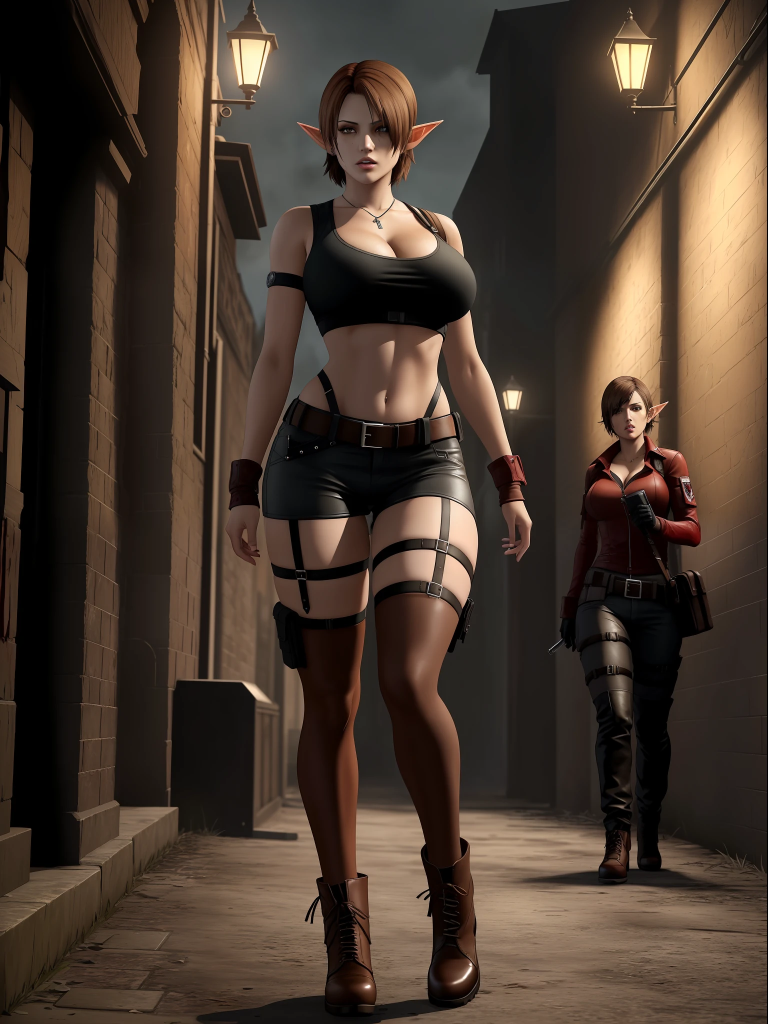 (Resident Evil 4+bloody:1.5), (full-body photo:1.65), (An elf woman and several zombies in the background:1.5), (she has gigantic breasts:1.5), (She's in Resident Evil 4+Leon's clothes with a black T-shirt+brown leather chorte+extremely tight on her body:1.4), (she's walking in a night town full of zombies:1.5), (she has short brown hair:1.3), (she has blue eyes:1.3), (she's doing poses+for the viewer+holding an armada), Hyperrealism, 16k, best quality, high details, UHD