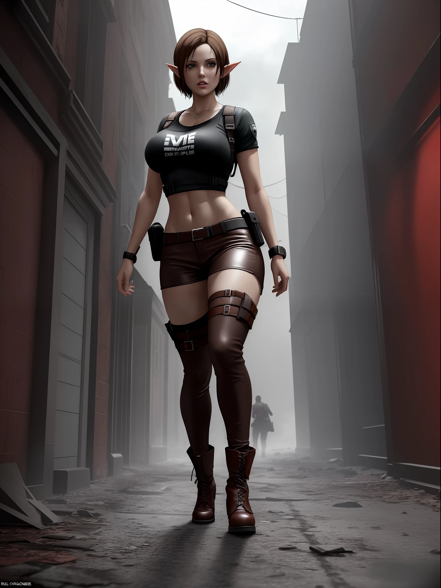 (Resident Evil 4+bloody:1.5), (full-body photo:1.65), (An elf woman and several zombies in the background:1.5), (she has gigantic breasts:1.5), (She's in Resident Evil 4+Leon's clothes with a black T-shirt+brown leather chorte+extremely tight on her body:1.4), (she's walking in a night town full of zombies:1.5), (she has short brown hair:1.3), (she has blue eyes:1.3), (she's doing poses+for the viewer+holding an armada), Hyperrealism, 16k, best quality, high details, UHD