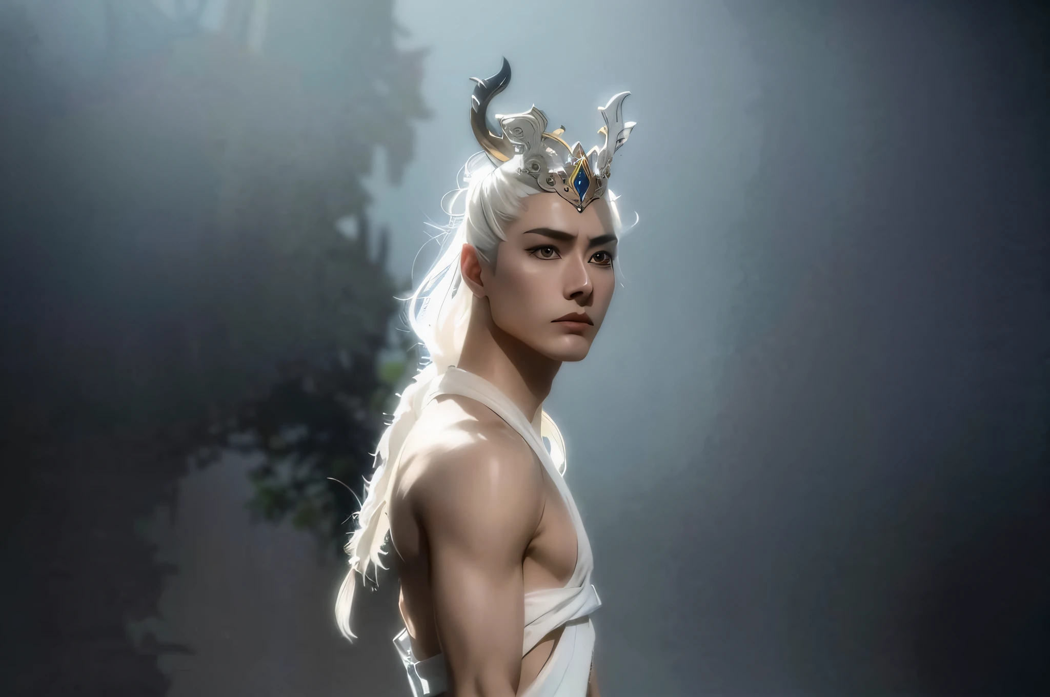 Arad man in a white dress and crown on his head, male demon with white horns, exquisite androgynous prince, Chen Xintong, beautiful andropod prince, inspired by Xia Yong, inspired by Dai Jin, inspired by Pan Tianshou, epic non-binary model, long white hair, long white hair, 4k, muscular