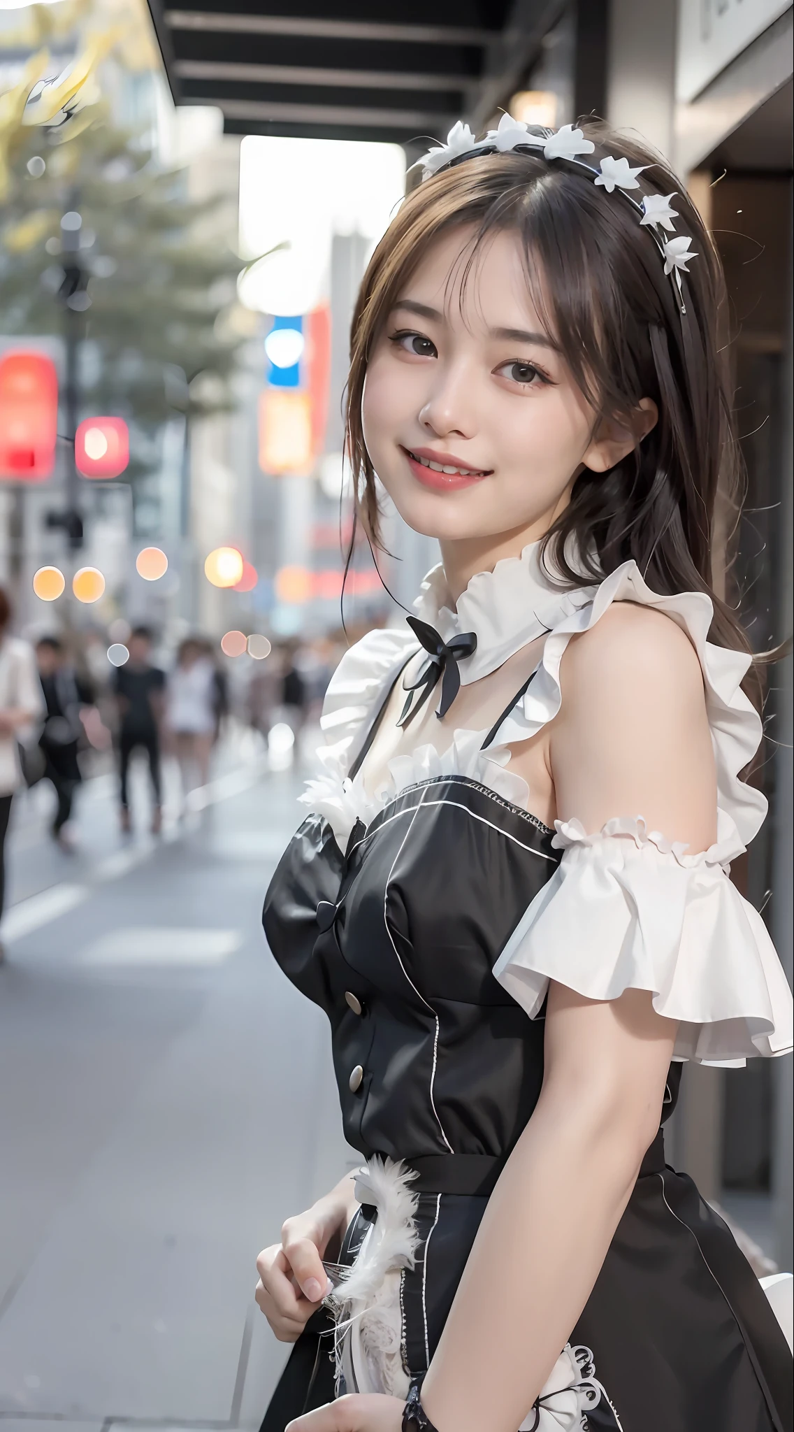 (8k, RAW photos, top quality, masterpiece: 1.2), (realistic, photorealistic: 1.37), ultra detailed, ultra high resolution, one girl, viewer looking, beautiful detailed face, smile, teeth, (feather cut: 0.6), bra, skirt, maid clothes, professional lighting, Tokyo Station Marunouchi Exit