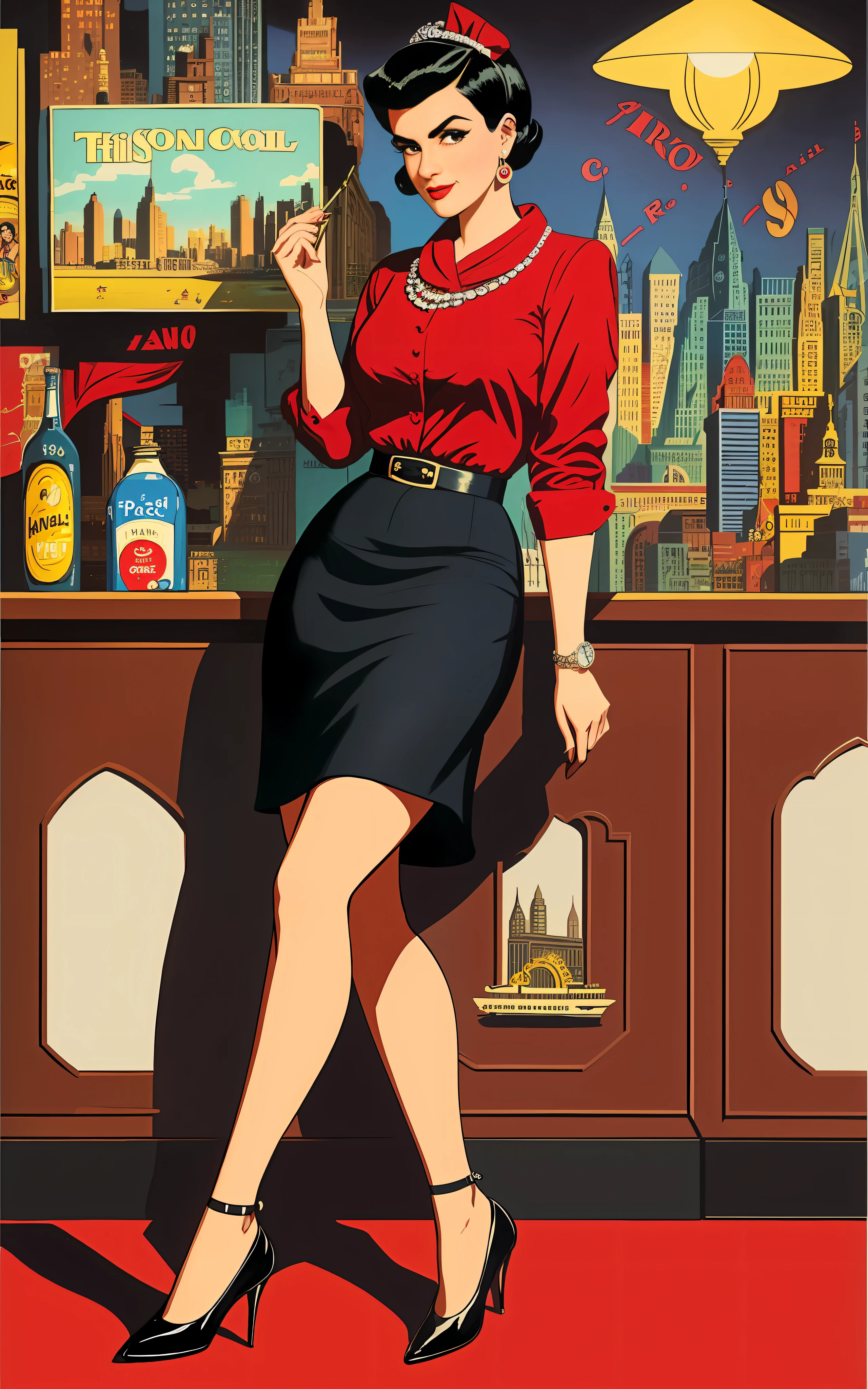 Full length drawing of a 25-year-old woman with short black Chanel hair, arms crossed, wearing a headscarf, red shirt, black skirt, and heels, all in 1950s themed clothing. The illustration is done in a vintage advertisement style, with vivid colors and deep focus. The woman stands confidently, with a sly smile on her face, as if she knows something you don't. The background features a cityscape of the bustling metropolis, with bright lights and a hint of glamour. The atmosphere is one of mystery and allure. Drawn with a Wacom Cintiq Pro 24, using Adobe Illustrator and Photoshop. The techniques used include a mix of hand-drawn and digital techniques to achieve the vintage look of the 1950s advertisement style. The artists who would be unlikely to collaborate but would juxtapose uniquely: Salvador Dali, Andy Warhol, Dr. Seuss, Edward Hopper, Frida Kahlo, Norman Rockwell.