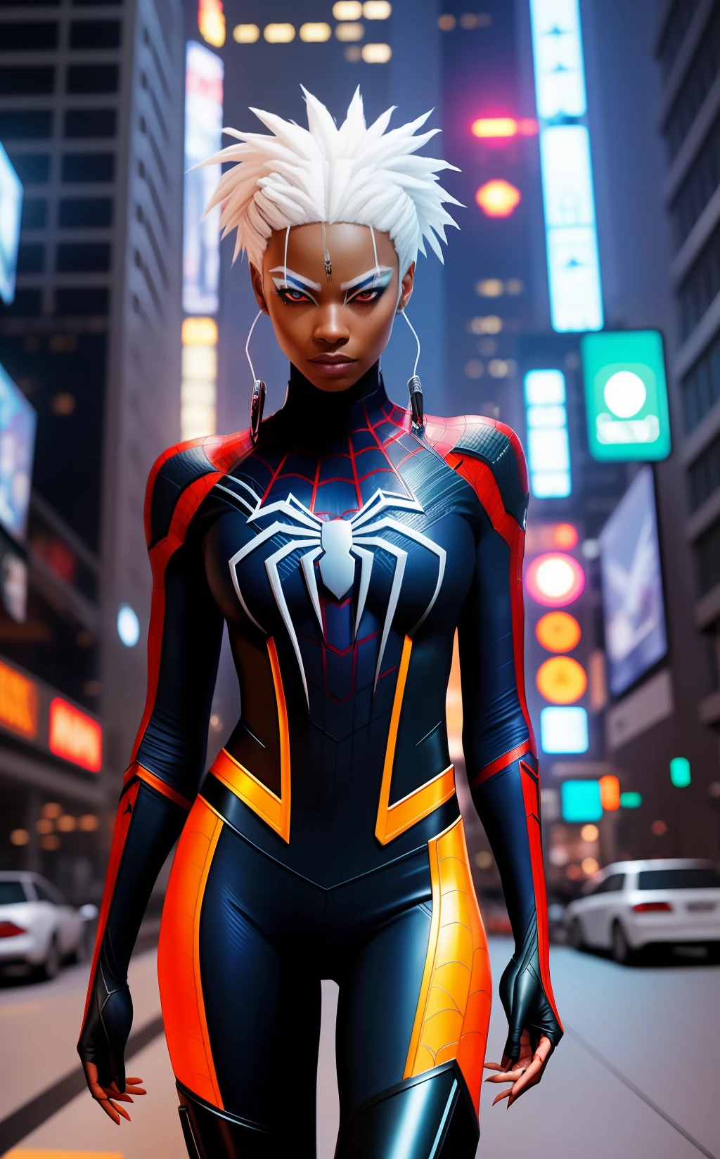 The best possible quality, 1 black woman with white hair, wearing only the spider man outfit, but without the mask, amber colored eyes, white eyebrow. She walks in a cyberpunk world.