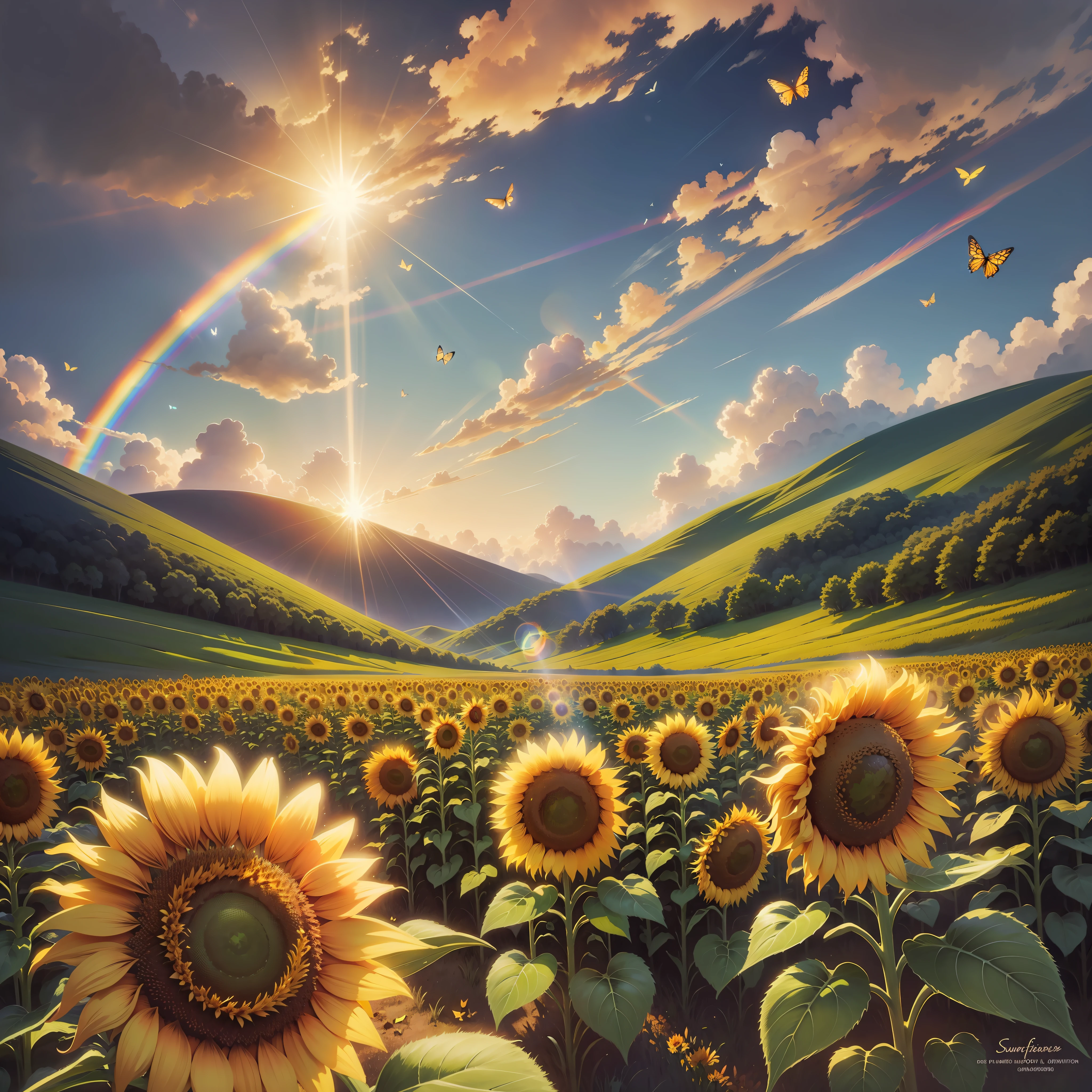 Sunflower field with flying butterflies, sunbeam in the background, lush light, rainbow, amazing scene, sharp details --auto --s2