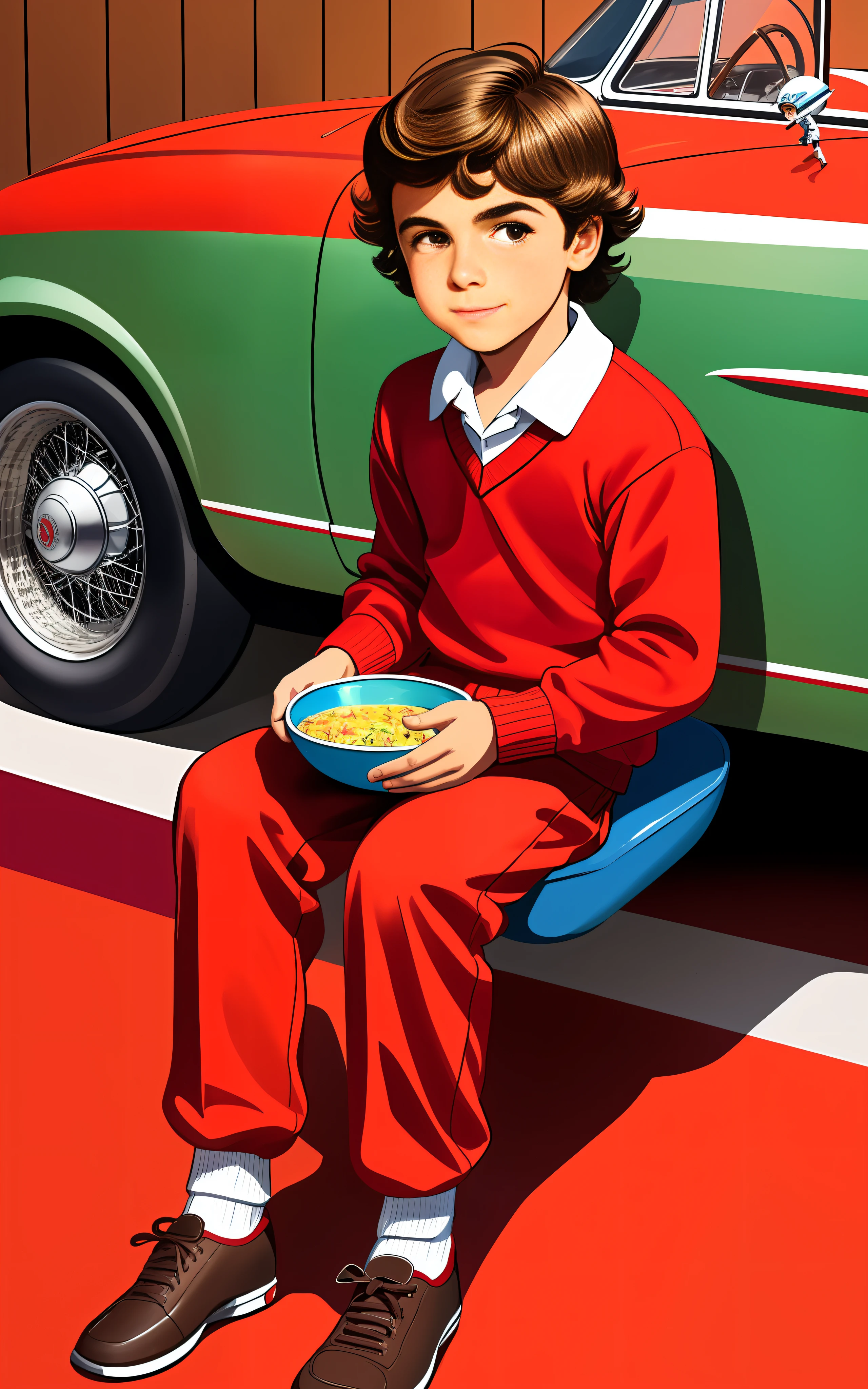 A full-body drawing of a 10-year-old boy with medium brown wavy hair, eating a bowl of farofa, with a red sweater, red pants and blue shoes, 1950s Formula 1 race-themed outfits, 1950s vintage advertising illustration style, vivid colors, deep focus