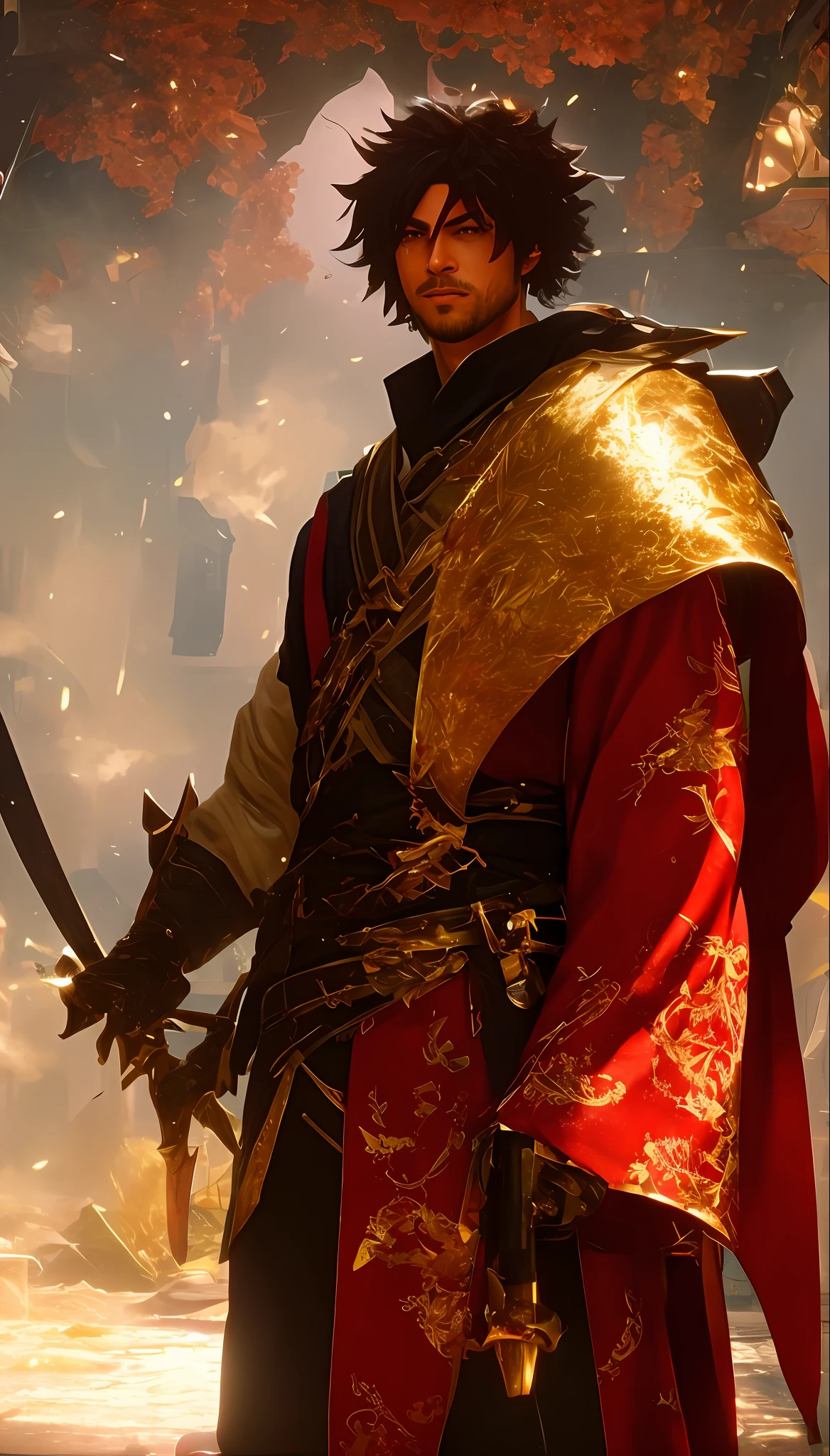 A closeup of a person holding a sword, male character, main character, cinematic full character, Demon slayer style, anime character, full body character, 8K character details, red and gold Kimono.