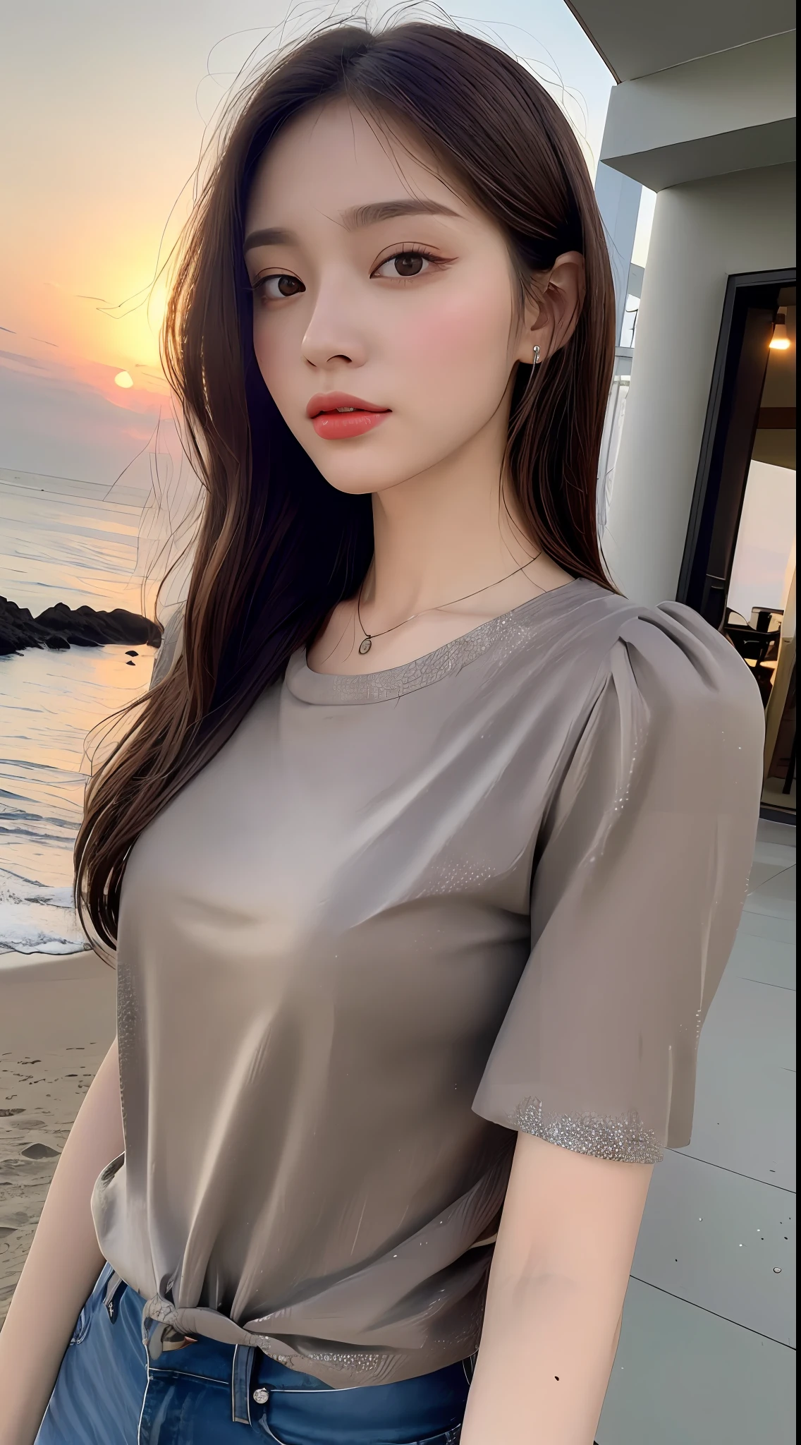 ((Realistic lighting, Best quality, 8K, Masterpiece: 1.3)), Focus: 1.2, 1girl, Perfect Body Beauty: 1.4, Slim Abs: 1.1, ((Dark Brown Hair)), (American Vintage Sweet and Spicy Top Design Sense Niche 2023 Summer Shoulder T-Shirt Short Sleeve French Drawstring Short Woman: 1.4), (Outdoor, Night: 1.1), Seaside, Super Fine Face, Fine Eyes, Double Eyelids,