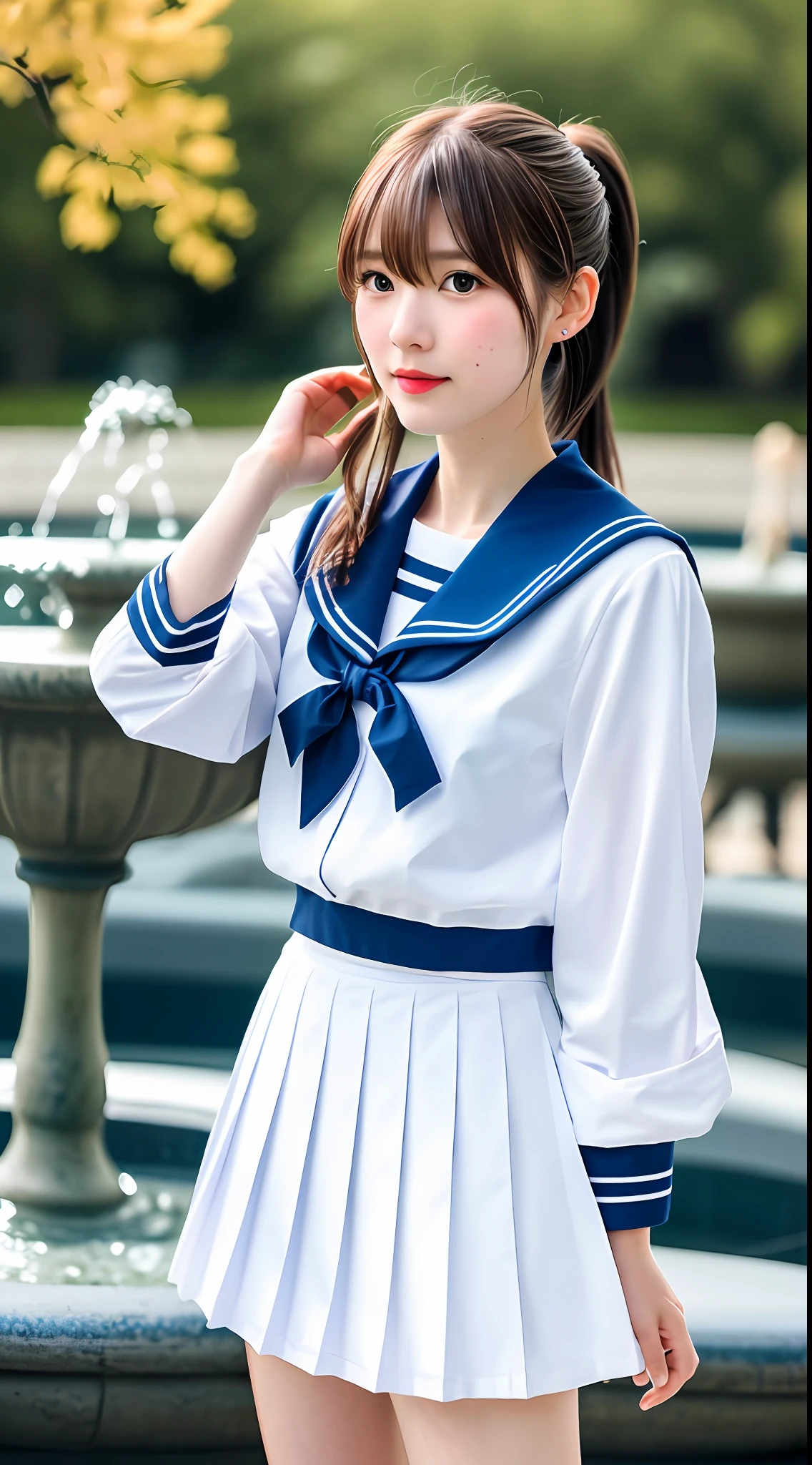 Realistic photos of shoulder length hair, bangs, ponytail, light makeup, (small), fountain, clear facial features, 8K high resolution, sharp and realistic details, full body, high school uniform, white skin, white sailor suit, mini skirt, pleated skirt, f/4.0, 135mm, fujifilm, jpeg artifact, dithering, uhd, masterpiece, wind, cherry, blur, spinning around,