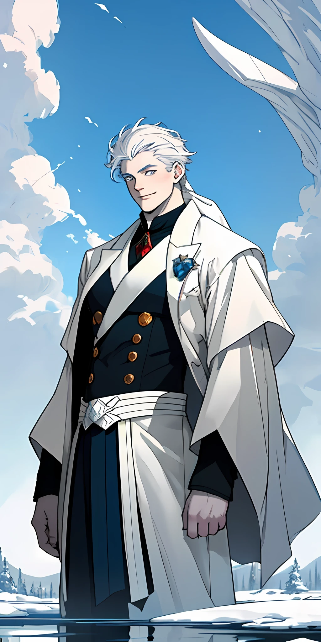 Kibong, a young man, is depicted in an outdoor scene where sunlight highlights his imposing figure. He is positioned in a majestic posture, standing, with shoulders slightly turned back and head held high. His athletic bearing is evidenced by his slender and muscular figure, conveying the impression of years of rigorous training. Her snow-white hair is long and silky, falling in gentle waves over her shoulders. Each thread has a luminosity of its own, seeming to glow softly in the sunlight. Kibong's face is sculpted to perfection, featuring light and symmetrical strokes. His deep, mesmerizing eyes, a crystal blue one reflect, reflect the vastness of the sky. They are the highlight of his facial expression, conveying wisdom and determination. His pale white skin contrasts with his snow-colored white hair and eyebrows The character is dressed in an elegant and stylish combination of clothes, which enhance his natural beauty and complement his athletic figure. The costume is a blend of modern and traditional elements, showing its connection to tradition and the contemporary world. The image should capture Kibong's magnetic presence, with a confident and captivating gaze. He may be smiling gently or presenting a serious and determined expression, depending on the moment you choose to portray.