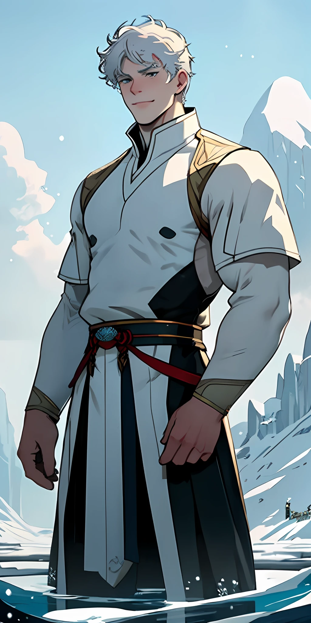 Kibong, a young man, is depicted in an outdoor scene where sunlight highlights his imposing figure. He is positioned in a majestic posture, standing, with shoulders slightly turned back and head held high. His athletic bearing is evidenced by his slender and muscular figure, conveying the impression of years of rigorous training. Her snow-white hair is long and silky, falling in gentle waves over her shoulders. Each thread has a luminosity of its own, seeming to glow softly in the sunlight. Kibong's face is sculpted to perfection, featuring light and symmetrical strokes. His deep, mesmerizing eyes, a crystal blue one reflect, reflect the vastness of the sky. They are the highlight of his facial expression, conveying wisdom and determination. His pale white skin contrasts with his snow-colored white hair and eyebrows The character is dressed in an elegant and stylish combination of clothes, which enhance his natural beauty and complement his athletic figure. The costume is a blend of modern and traditional elements, showing its connection to tradition and the contemporary world. The image should capture Kibong's magnetic presence, with a confident and captivating gaze. He may be smiling gently or presenting a serious and determined expression, depending on the moment you choose to portray.