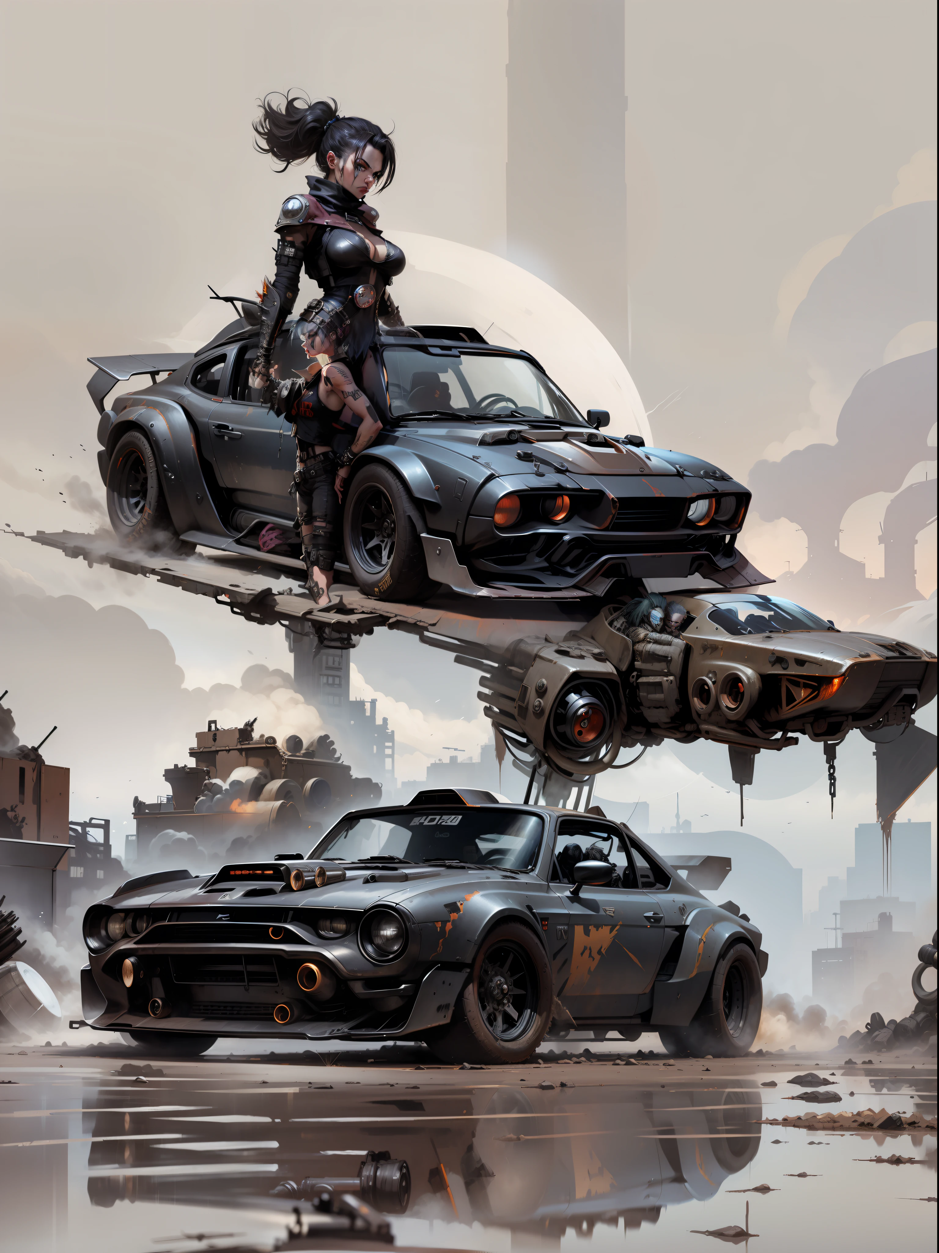 A futuristic, post apocalyptic, mad max, aggressive, dangerous, badass, convertible car with a punk girl at the wheel, 1car