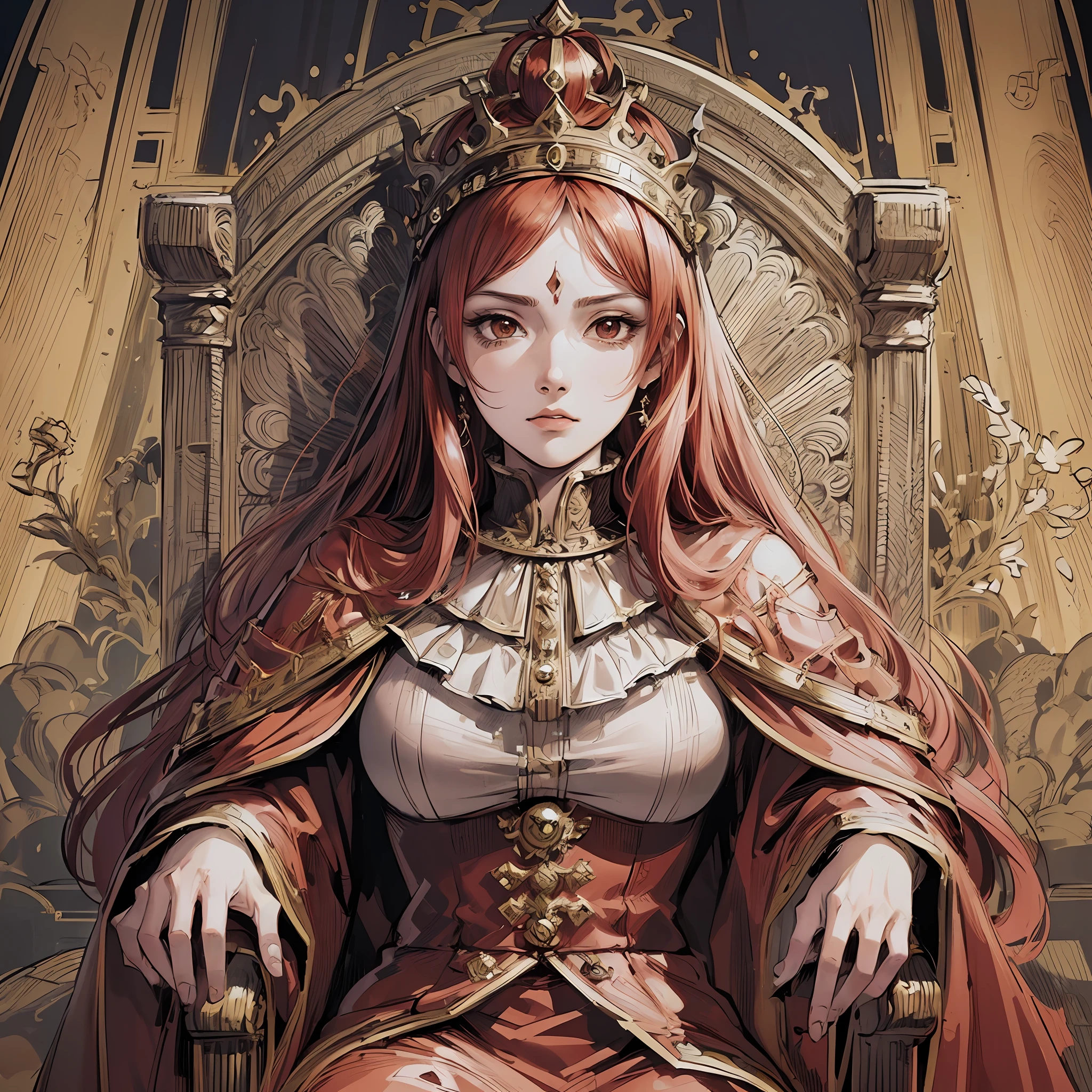 (open image) (kentaro miura style), (line art:1.5), (1 woman:1.3), ((color)), English, royal robes, crown on her head, long red hair, (masterpiece, sitting on the royal throne, evil expression,superior quality, better quality), well detailed strokes, extremely detailed background, good composition, good anatomy, perfect lighting, good shading, (realistic:1.3)