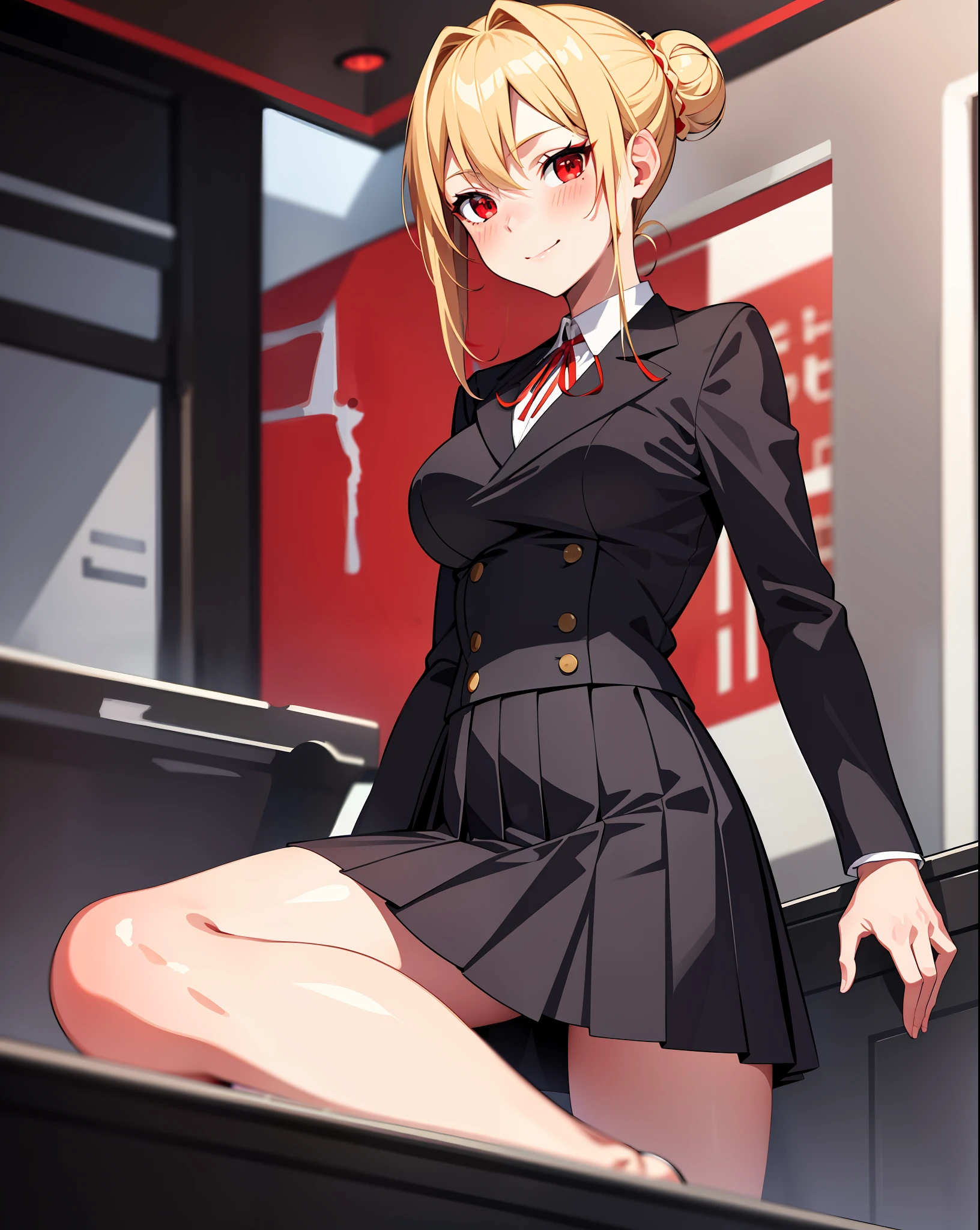 masterpiece, best quality, 1 girl, Angelica, blonde hair, single hair bun, red eyes, medium hair, school uniform, black jacket, dress shirt, red neck ribbon, grey pleated skirt, miniskirt, black pantyhose, blush, light smile, medium breasts