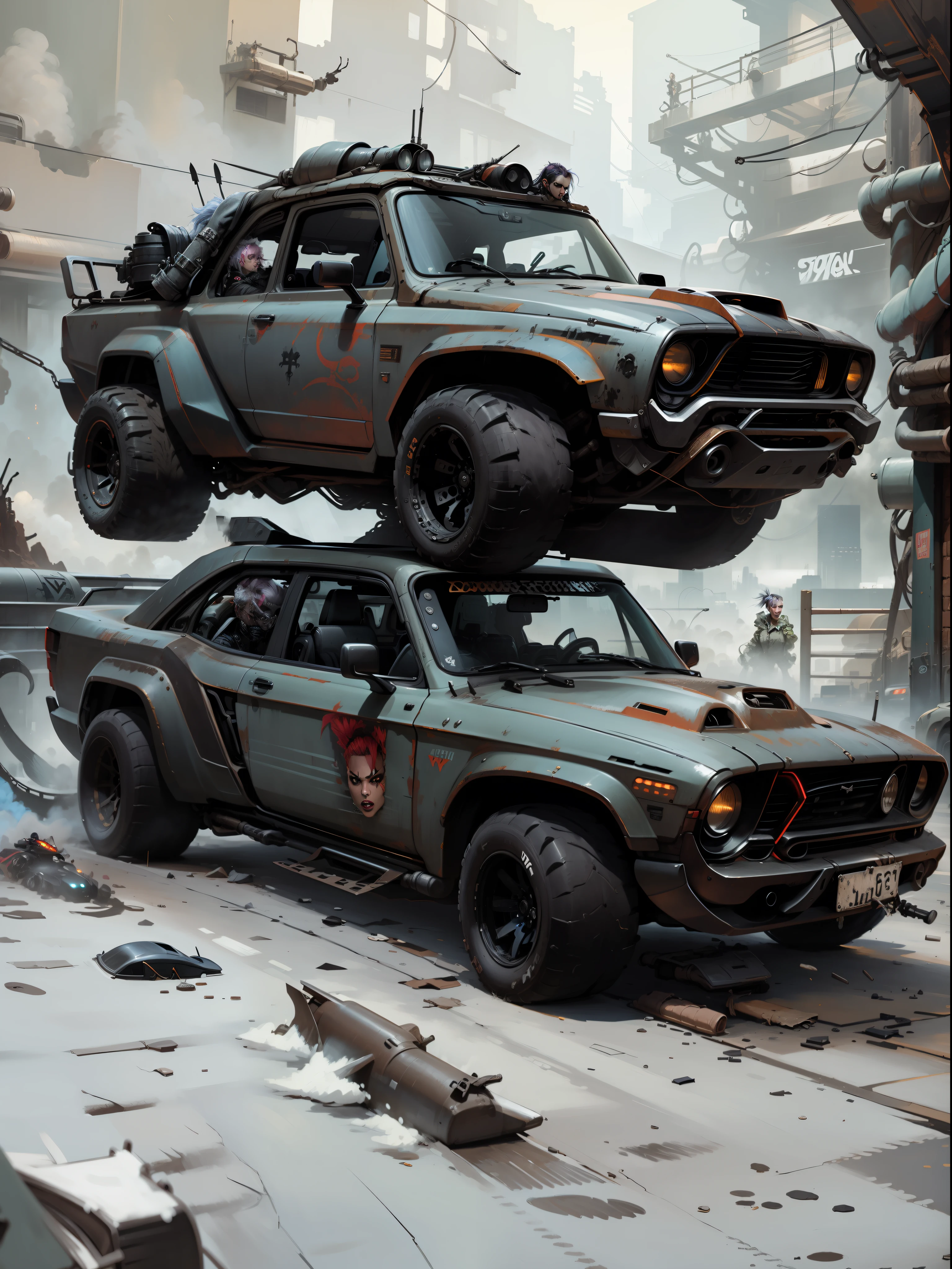 A futuristic, post apocalyptic, mad max, aggressive, dangerous, badass, convertible car with a punk girl at the wheel, 1car