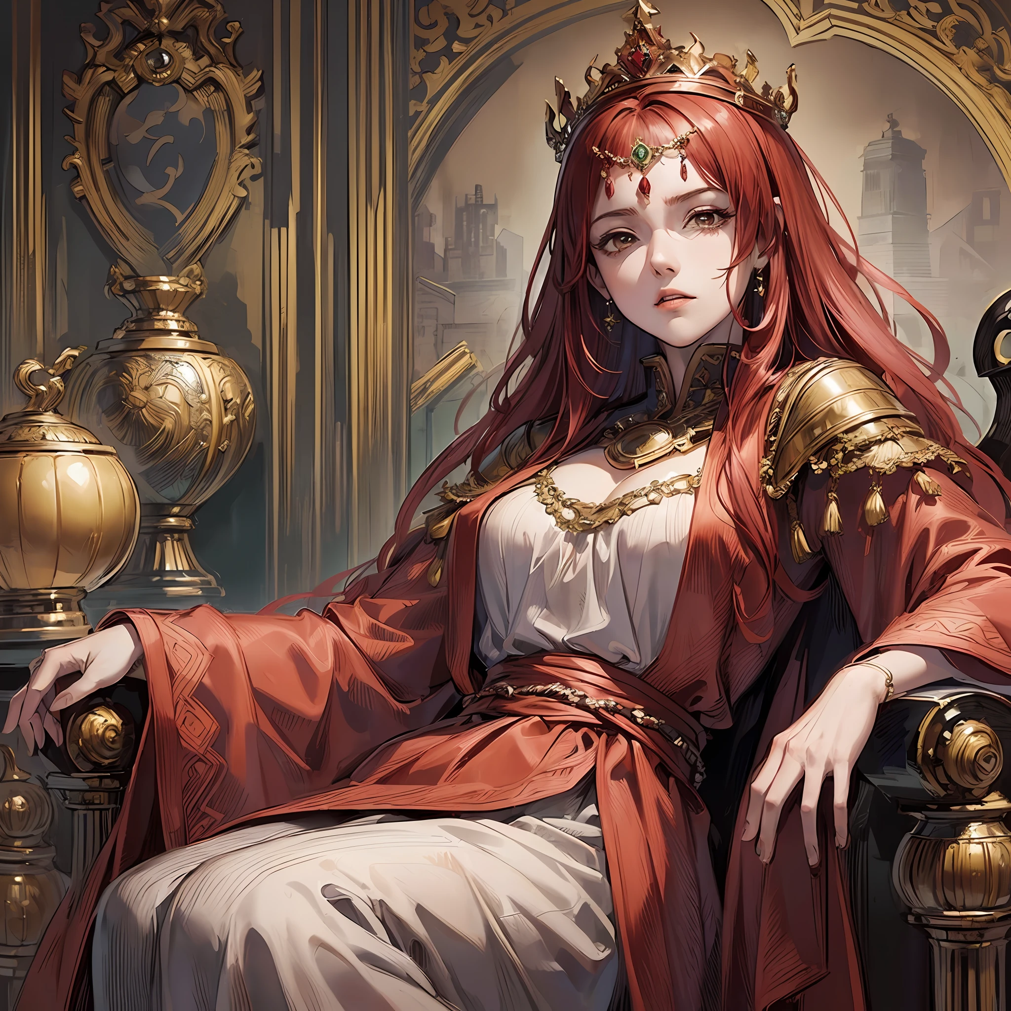 (open image) (kentaro miura style), (line art:1.5), (1 woman:1.3), ((color)), English, royal robes, crown on her head, long red hair, (masterpiece, sitting on the royal throne, evil expression,superior quality, better quality), well detailed strokes, extremely detailed background, good composition, good anatomy, perfect lighting, good shading, (realistic:1.3)