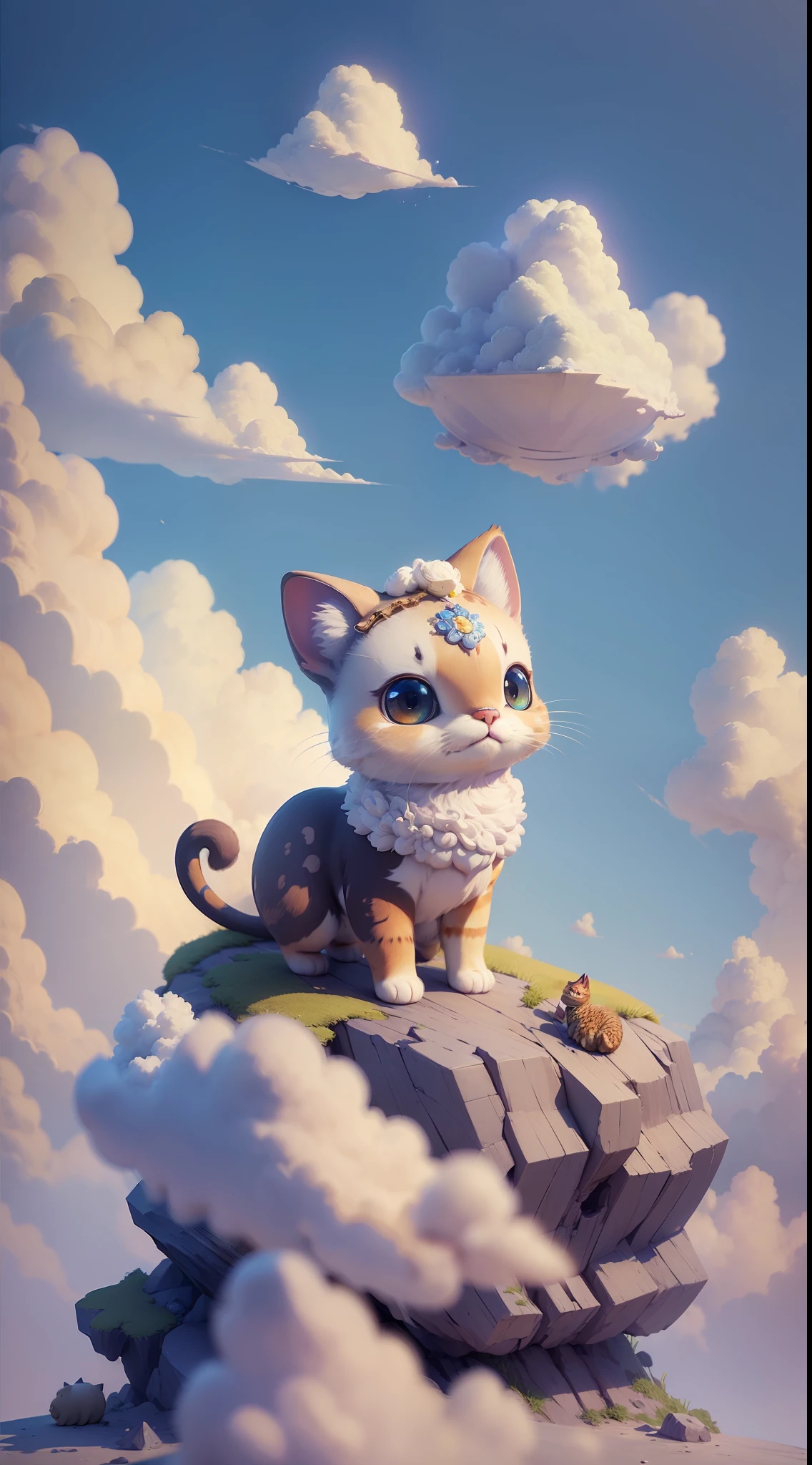 (best quality:1.33), (masterpiece:1.42), (realistic:1.24), (detailed:1.15), cute curry cat, tiny body, standing on a rock, cotton clouds on the sky as background, beautiful 3ds max render, volumetric lighting, global illumination, raytracing, detailed hyperrealism,