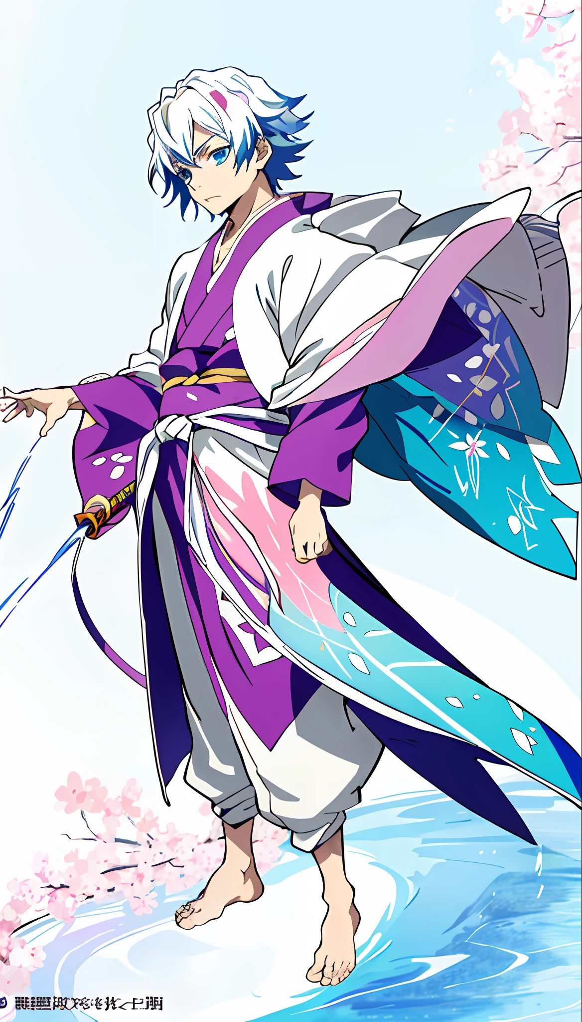 anime - style image of a boy with a sword in hand, anime character, cute face in demon slayer art, inspired by Tamaki Amajiki, as an anime character, tall anime face with blue eyes, official art, male anime character, anime cartoon of a boy with blue hair and a pink kimono, ((wearing aristocratic robe)),  pale and colorful kimono, Sakura color silk flowing, full body close-up photographed, sakura silk flowing, wearing a haori, in kimono, !! Full body portrait!!, full body details, beautiful anime pose