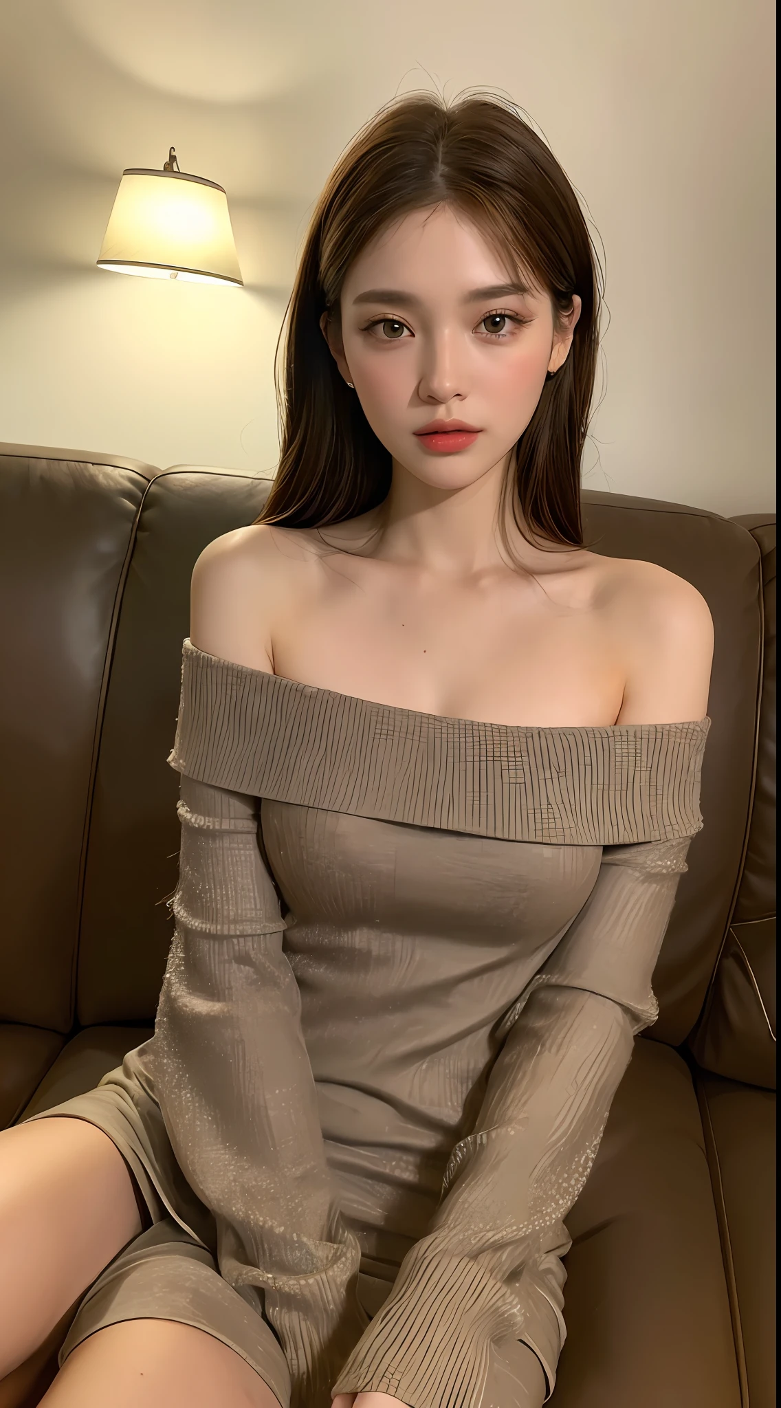 ((Night view, realistic light, best quality, 8k, masterpiece: 1.3)), 1girl, pretty woman with slim figure: 1.4, (brown hair, medium breasts: 1.3), off-the-shoulder cut top: 1.3, sofa, super detailed face, detailed eyes, double eyelids