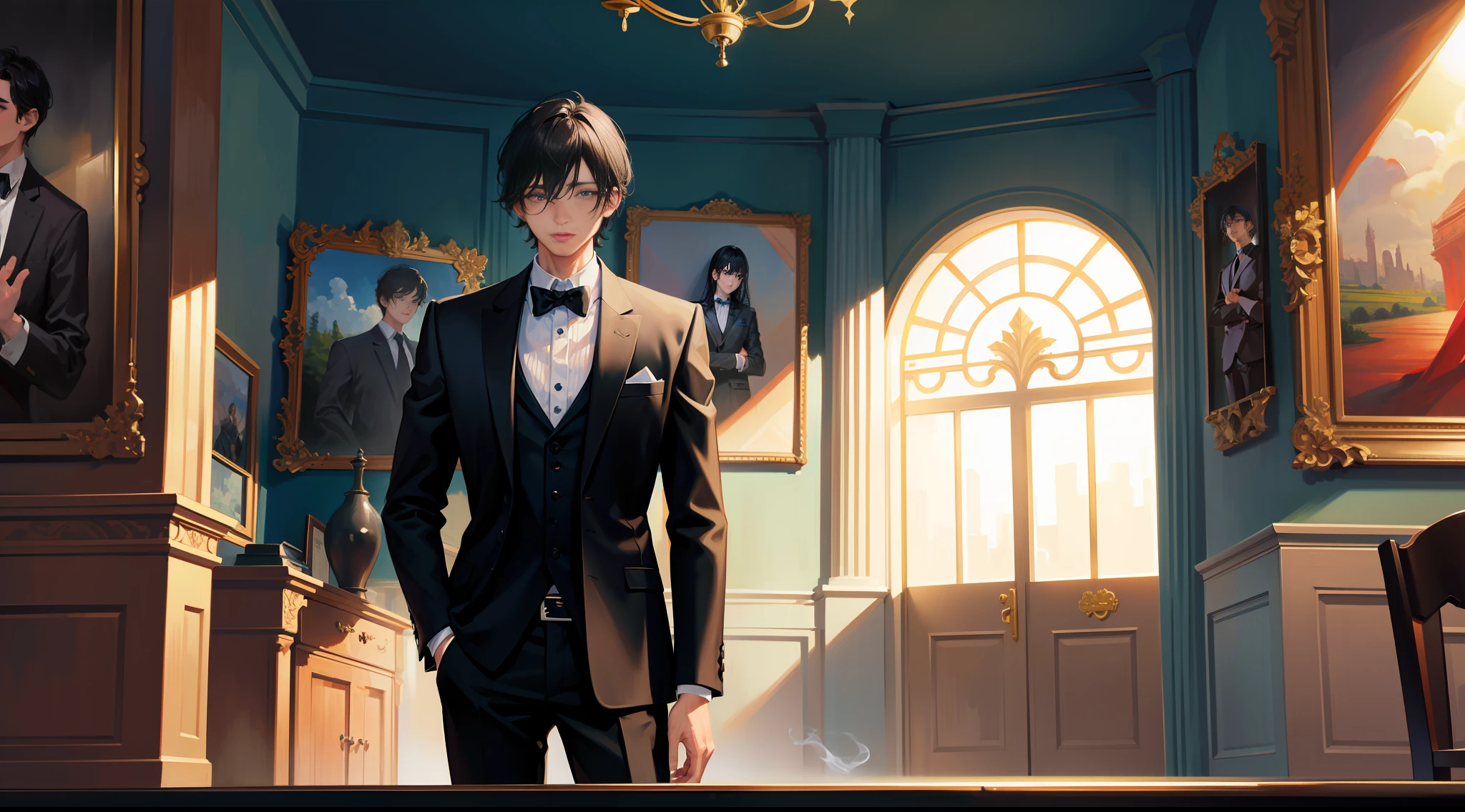 masterpiece, best quality, super detailed, illustration, beautiful detailed eyes, close up, 1 boy, room, black hair, black suit, black pants, standing smoking