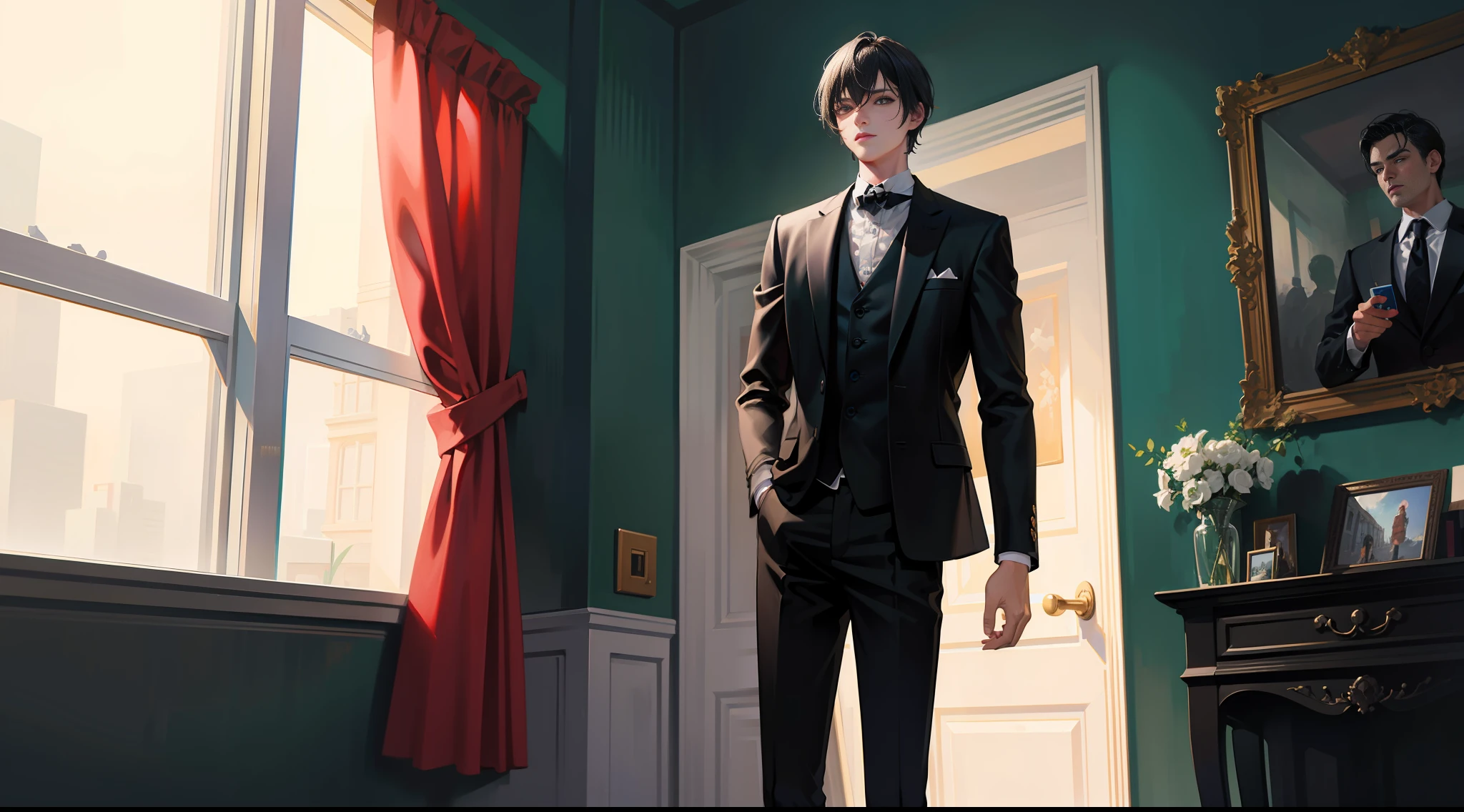 masterpiece, best quality, super detailed, illustration, beautiful detailed eyes, close up, 1 boy, room, black hair, black suit, black pants, standing smoking