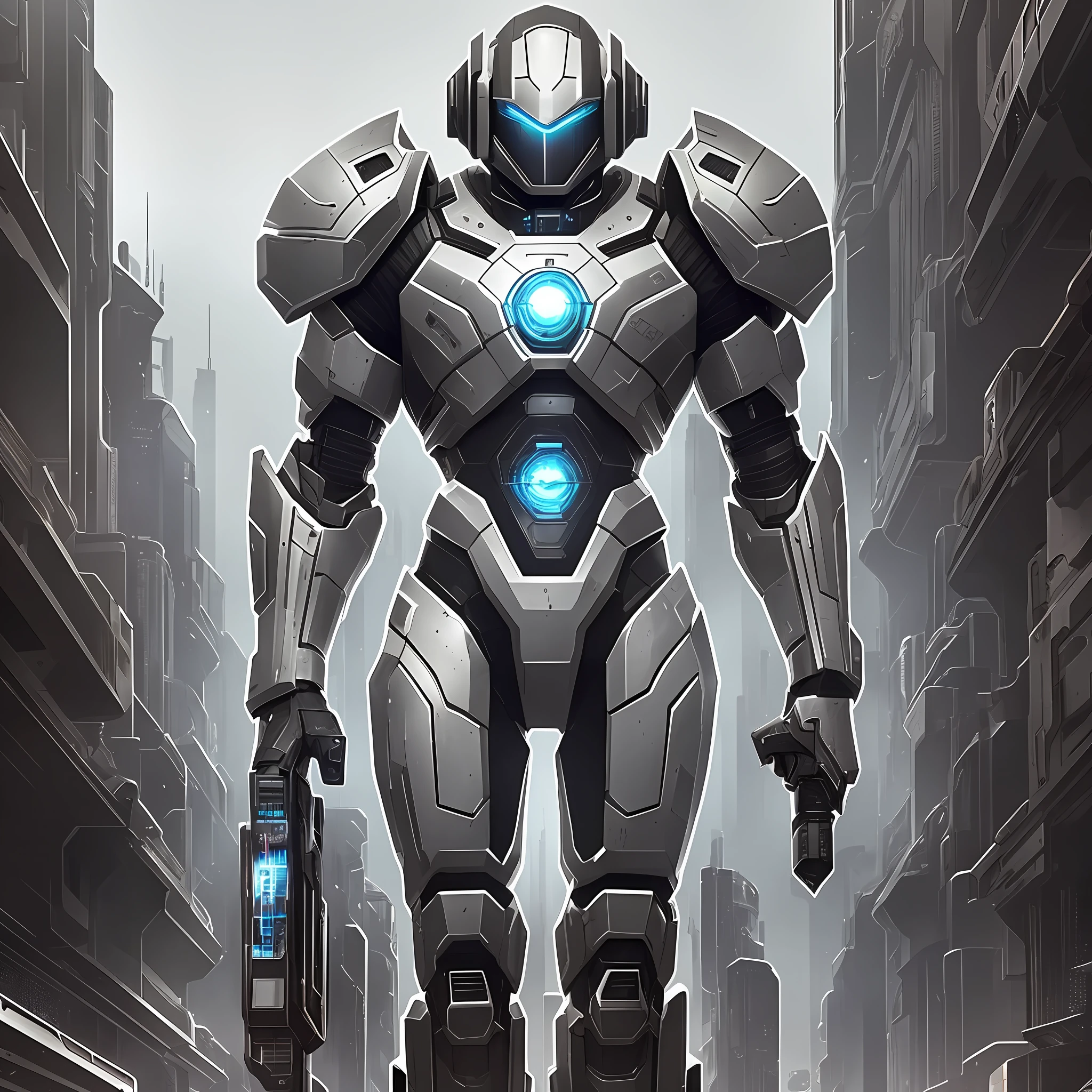 bulky stacked armor, science fiction, mecha, ink, simple, clear lines, abstraction, minimalism, flat color, high contrast, vector art, 90s Warner animation style, standing mech, full body front, simple_background, white_background, reggie steel, metal, black sand, laser sight, owtech, sci-fi, stylized, ghibli, flat monochrome drawing, light and shadow realistic, cyberpunk, futuristic, Digital Art, Best Quality, Graphic Animation, SFW, Starsector, Sci-Fi Style, High-Tech Products, Sci-Fi, Fantasy, Very Detailed Detail, Digital Painting, Trends on ArtStation, Concept Art, Sharp Focus, Illustration, --auto --s2