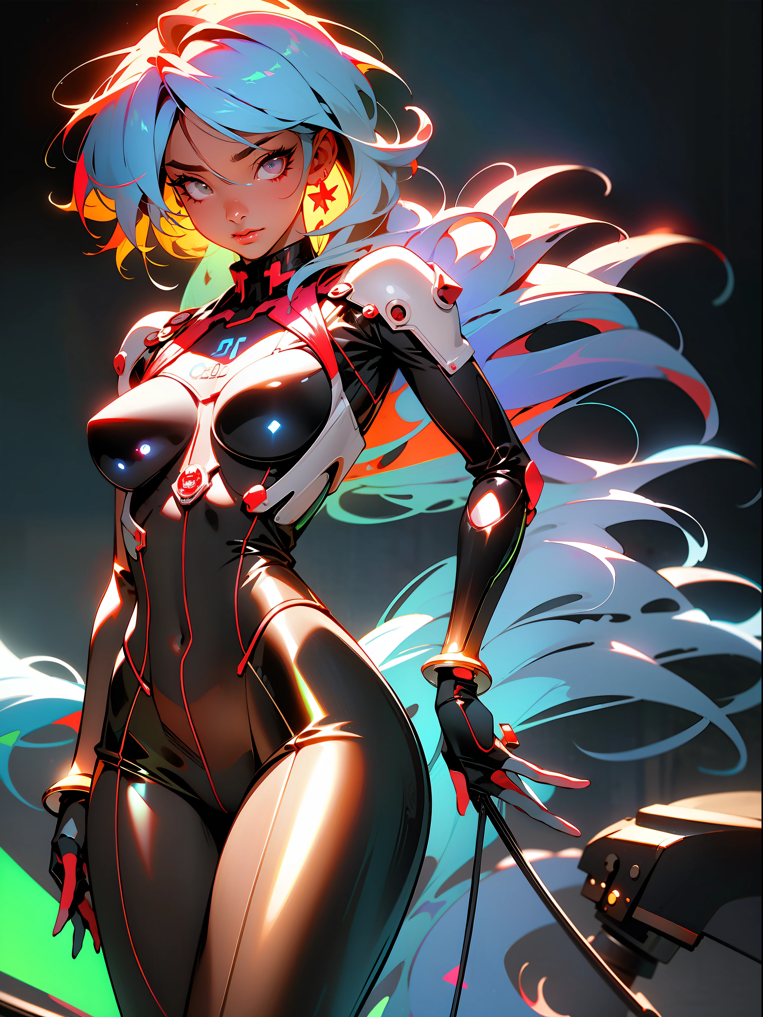 ((Best quality)), ((masterpiece)), (detailed: 1.4), (Absurd), light-skinned ta with micro bikini, Genesis evangelion neon style clothing, 2 piece clothing, colored hair, tattoo on arms, cybernetic hand, pastel, centered, scale to fit dimensions, HDR (High Dynamic Range),Ray Tracing,NVIDIA RTX,Super-Resolution,Unreal 5,Subsurface dispersion, PBR texture, Post-processing, Anisotropic filtering, Depth of field, Maximum clarity and sharpness, Multilayer textures, Albedo and specular maps, Surface shading, Accurate simulation of light-material interaction, Perfect proportions, Octane Render, Two-tone lighting, Wide aperture, Low ISO, White balance, Rule of thirds, 8K RAW, crysisnanosuit