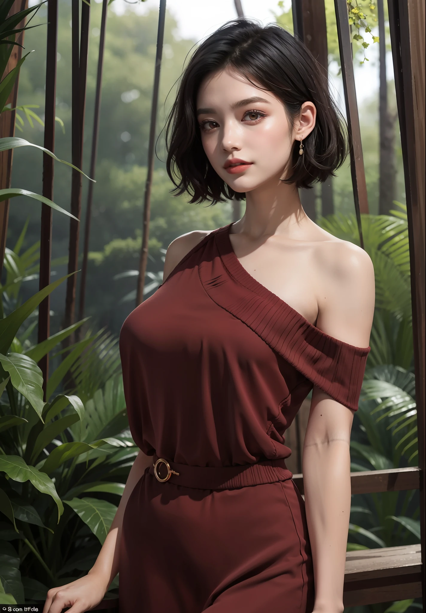 (masterpiece:1.2, best quality), (30 years old,solo, upper body:1.2), Clothing: One shoulder sweater, ((conservative dress)), Hair: Short hair, gradient curls, Makeup: natural, glowing skin, Behavior: relaxed, carefree, free-spirited, Location: Wild, Forest, Tyndall effect, outdoor festival, red eyes, tiger teeth, big bust