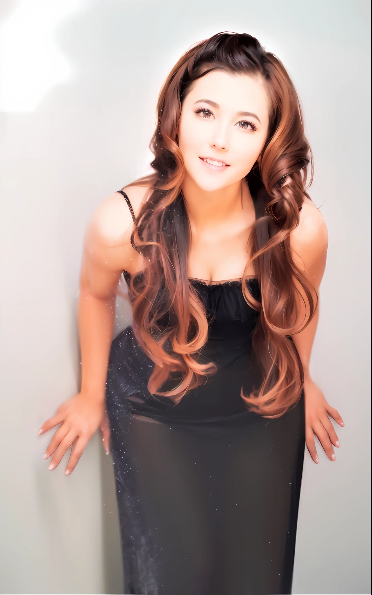 Top quality, masterpiece, ultra high resolution, (photorealistic: 1.4), raw photo, there is a woman with long hair standing in a sheer dress, (big smile: 2.0), (sexy: 1.6), big eyes, moist eyes, upper eyes, exposed cleavage, perfect dress with clear body lines, breast shape clearly prominent, crotch line clearly prominent,