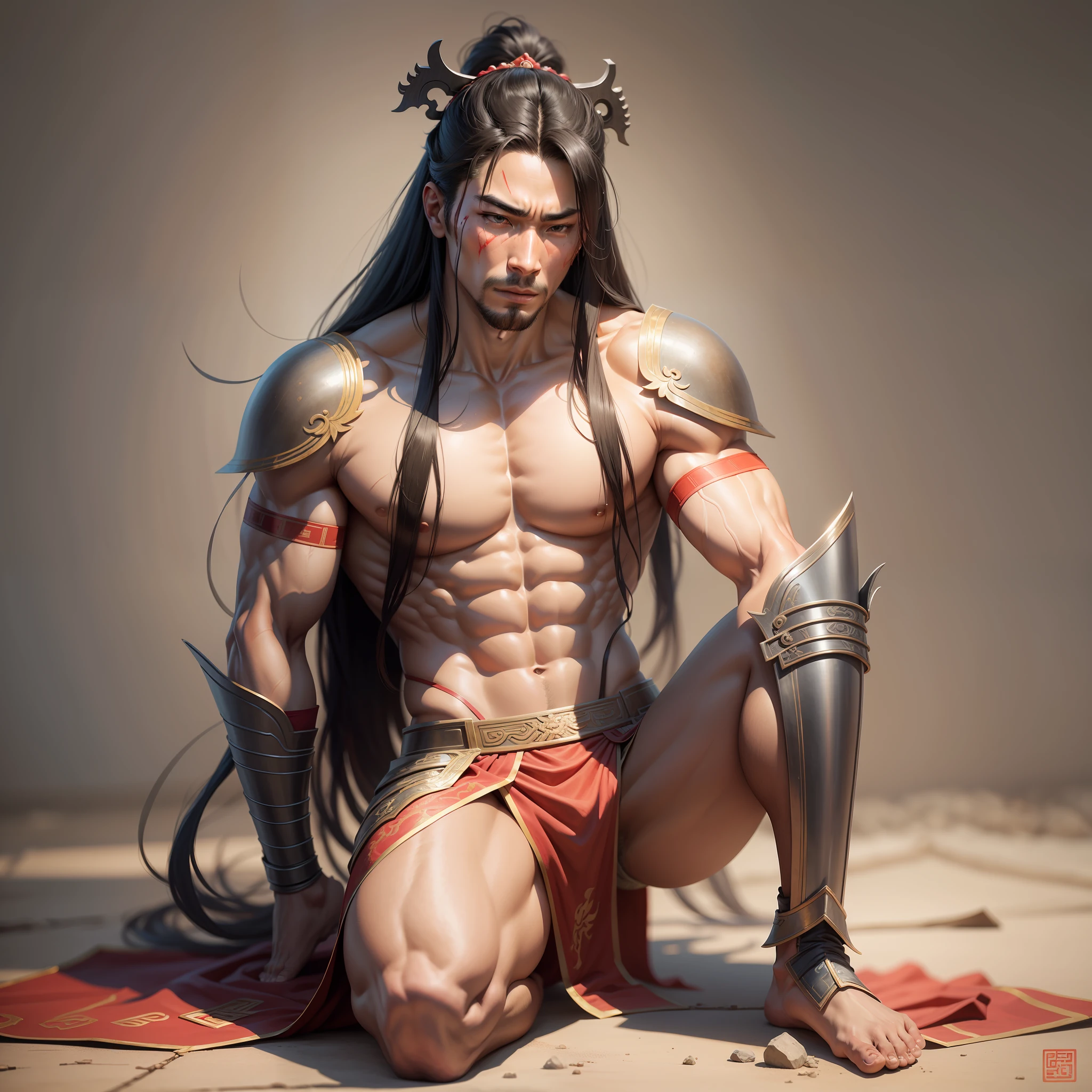 Realistic,Hot muscular Male concubine in the Han dynasty on his knees with legs spread apart, wearing ancient revealing Chinese dress with long hair and masculine features.Battle scars