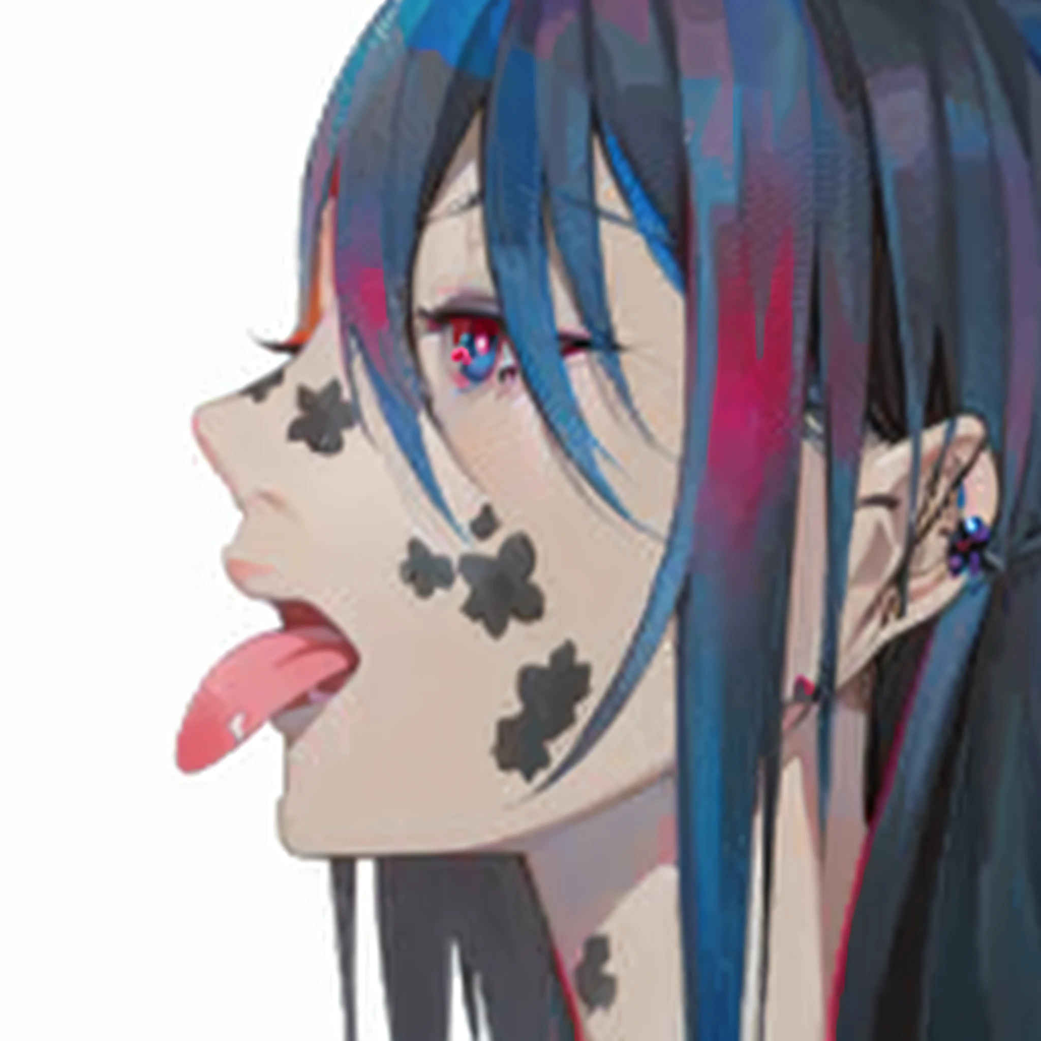 anime girl with blue hair and piercings sticking out her tongue, 2 d anime style, 2 d anime, ahegao face, gapmoe yandere, yandere intricate, ahegao, 2 d gorillaz, yandere, portrait gapmoe yandere grimdark, 2d art cover, profile of anime girl, gapmoe yandere grimdark, 2 d digital
