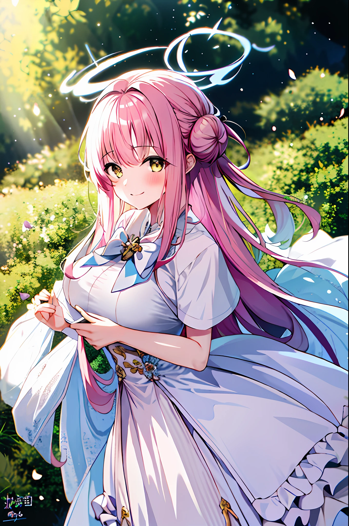 Masterpiece, Superb Quality, High Resolution, 1girl, White Shawl, White Bow, White Dress, Pink Hair, Yellow Eyes, Single Bun, Halo, ((outdoors)), Petals, Pink theme, smile, Big Tits, Movie