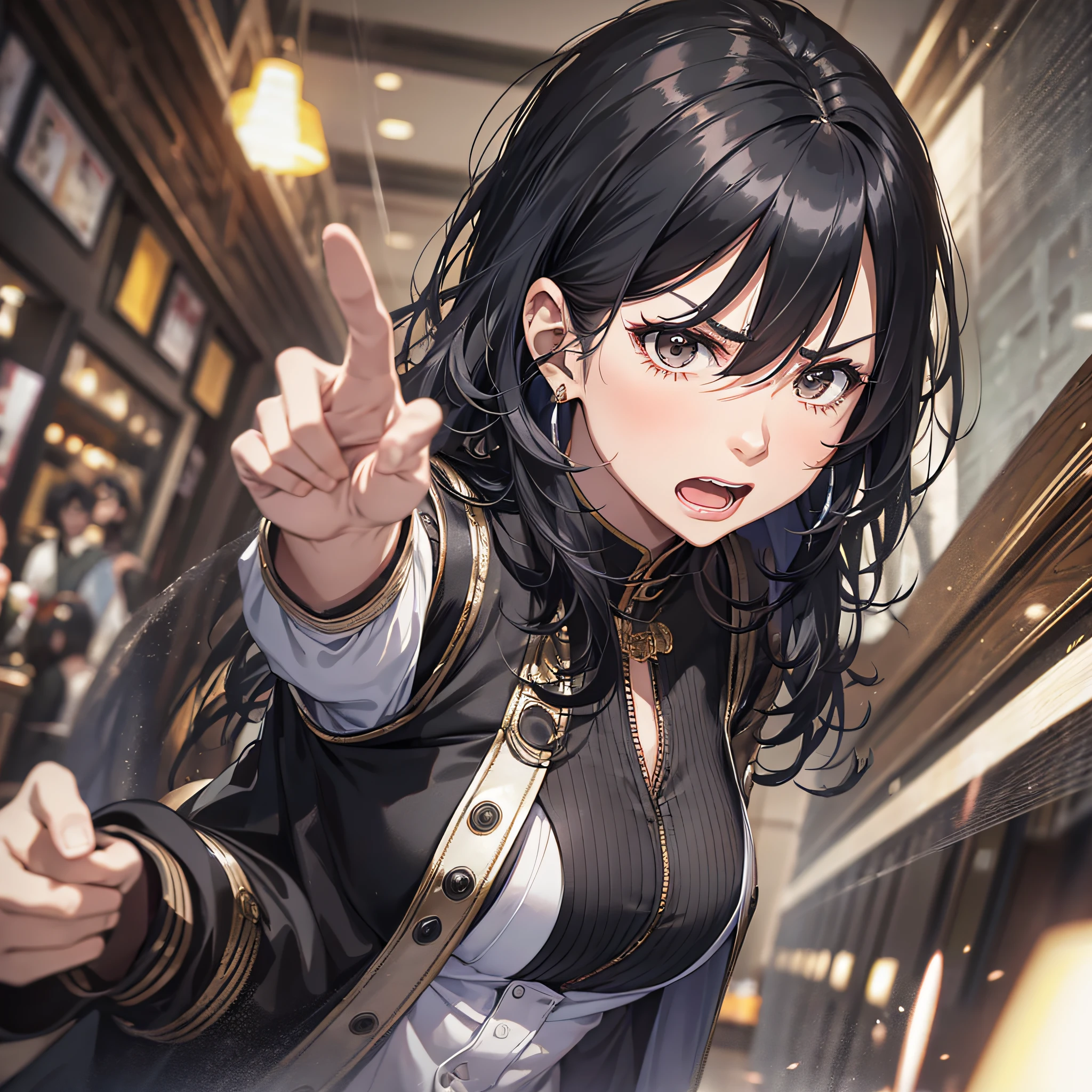 A middle-aged woman, black hair, wrinkled, angry, angry, pointing to the camera, in the banquet hall,