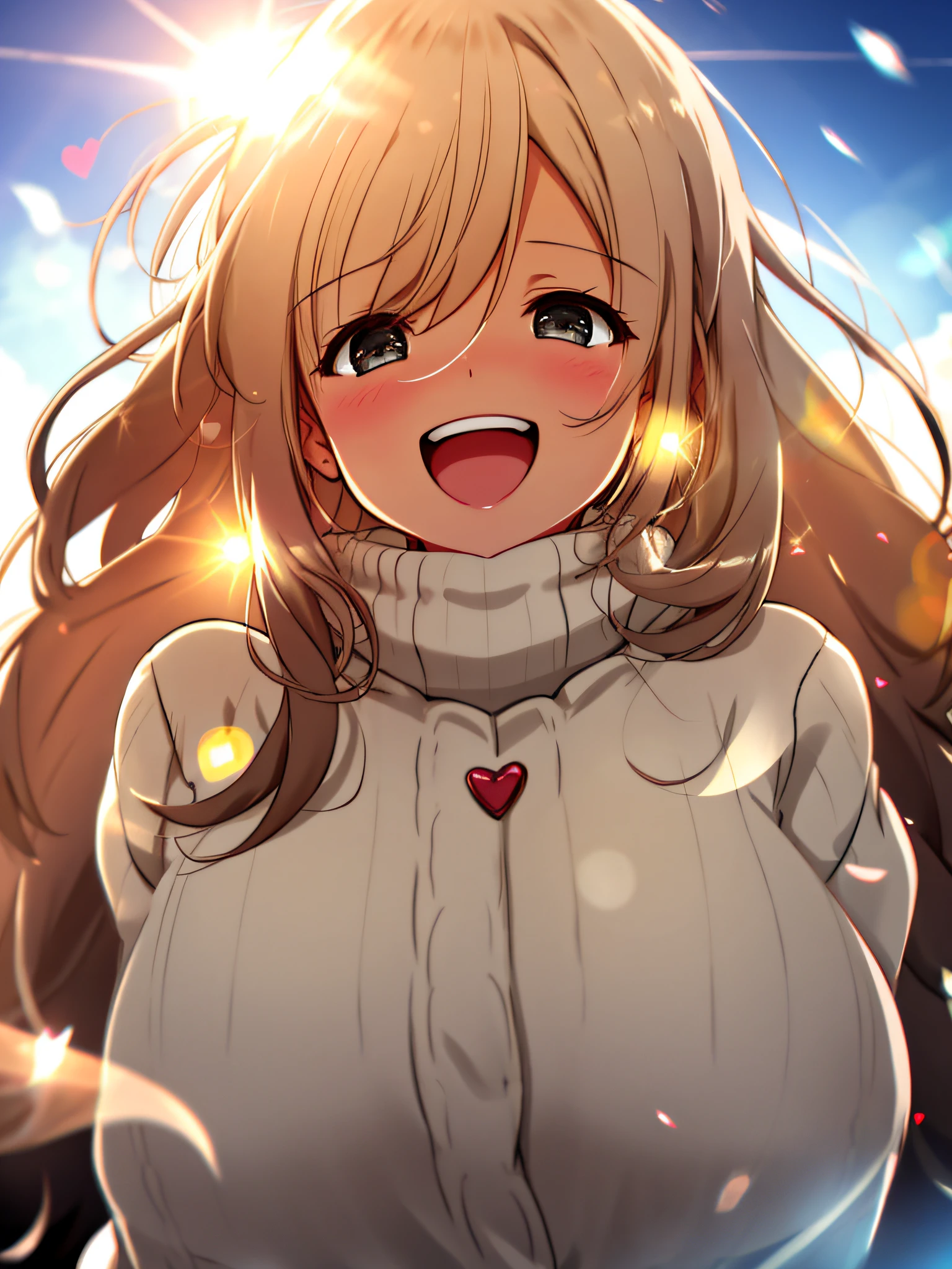 a girl, cosy sweater on, upper body, (huge Laughing:1.1), (open mouth:1.1), (wide open eyes:1.2), sun glare, bokeh, depth of field, blurry background, light particles, strong wind, (heart particles:1.1)