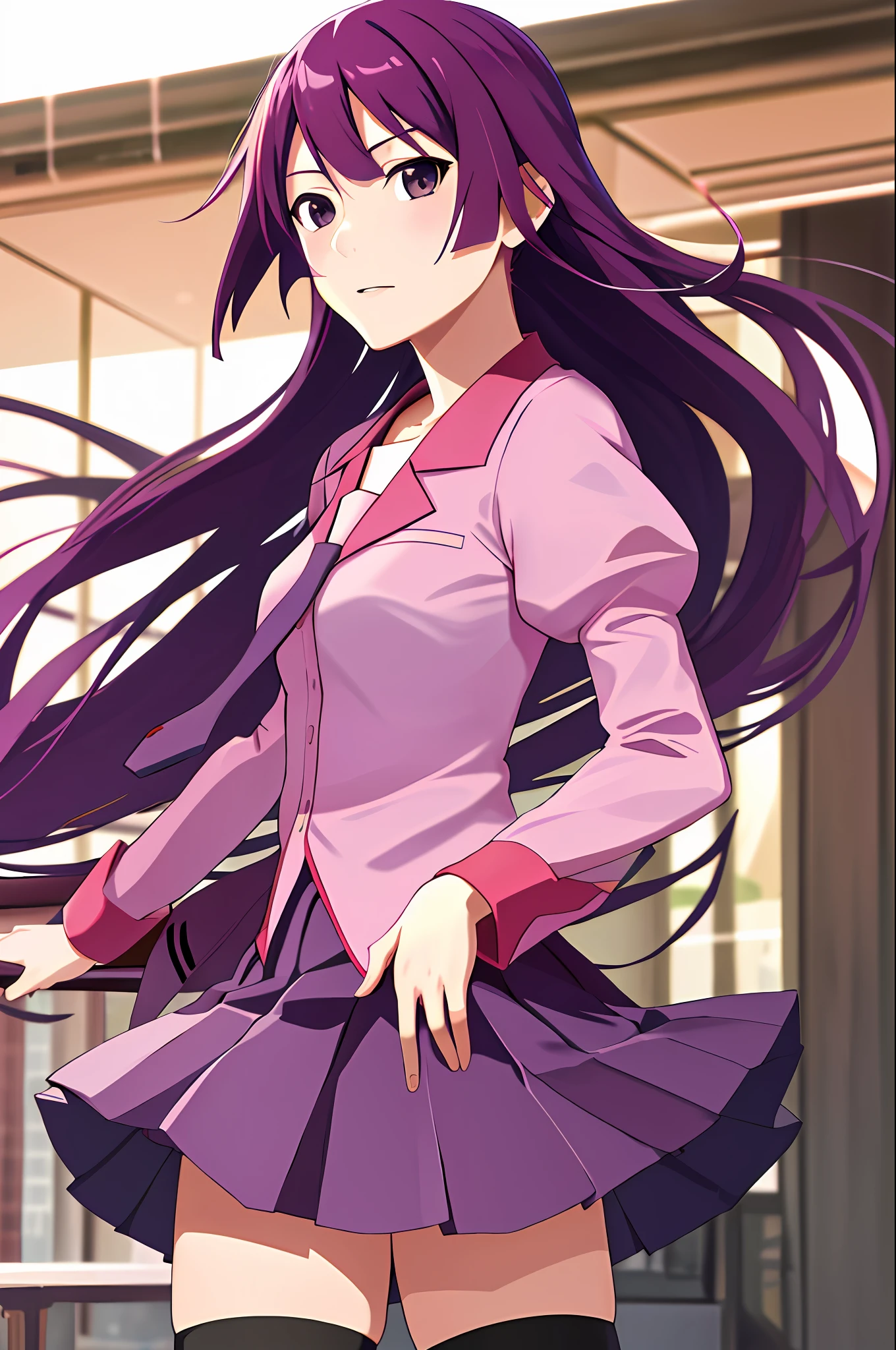 masterpiece, best quality, highres, sh1, senjougahara hitagi, long hair, long sleeves, necktie, school uniform, pleated skirt, juliet sleeves, black thighhighs, pink shirt,  cowboy shot,