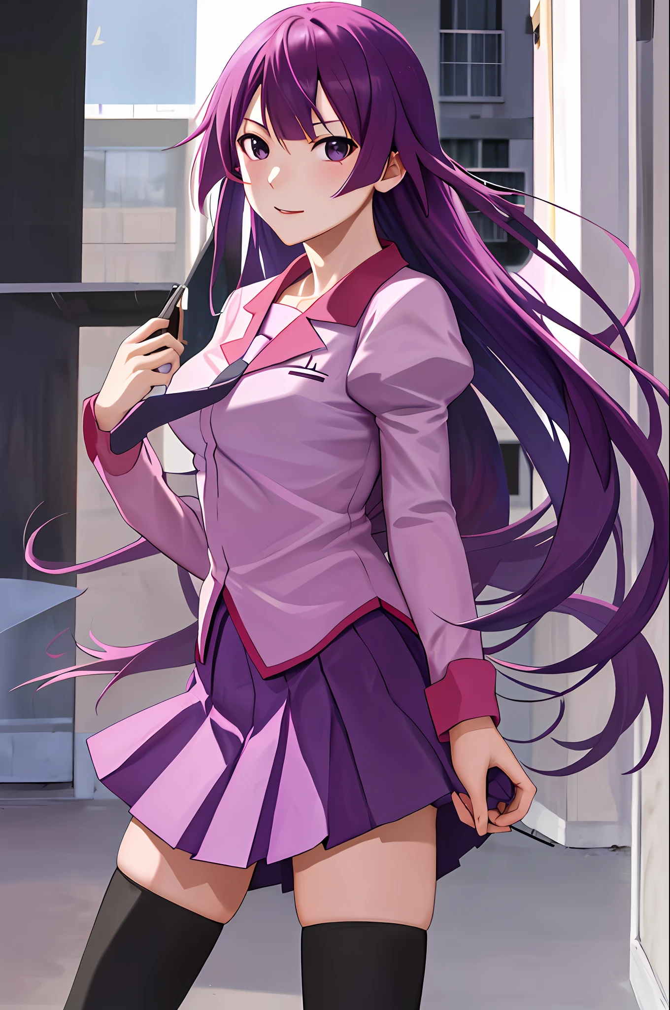 masterpiece, best quality, highres, sh1, senjougahara hitagi, long hair, long sleeves, necktie, school uniform, pleated skirt, juliet sleeves, black thighhighs, pink shirt, cowboy shot,