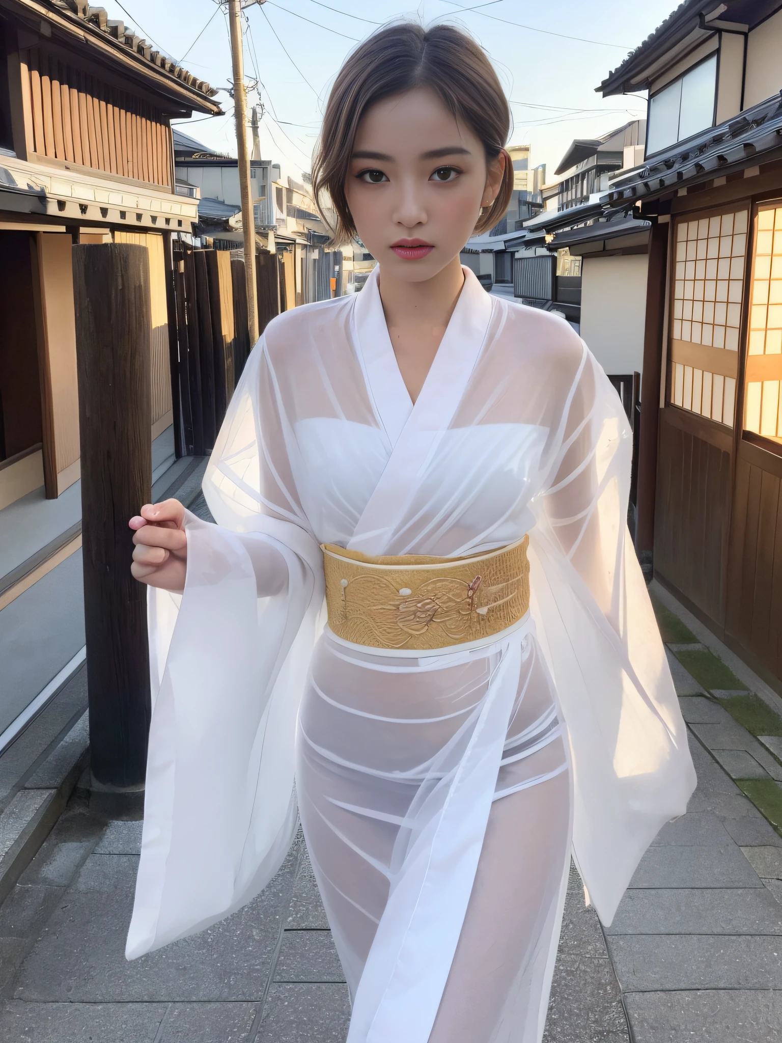 ((Top Quality, 16k, Masterpiece: 1.3)), 1 Girl, (Face Focus: 1.2, Depth of Field), Beautiful Women with Perfect Figure: 1.4, Slender Abs: 1.2, (((Short Bob Hair)), ((Small: 1.1)), ((Beautiful Face Idol: 1.3)), ((Kimono 1.5 (Transparent White Fabric)), Highly Detailed Face and Skin Texture, Detailed Eyes, Double Eyelids, (((Pause)), (Seductive), Walking, Kyoto cityscape,