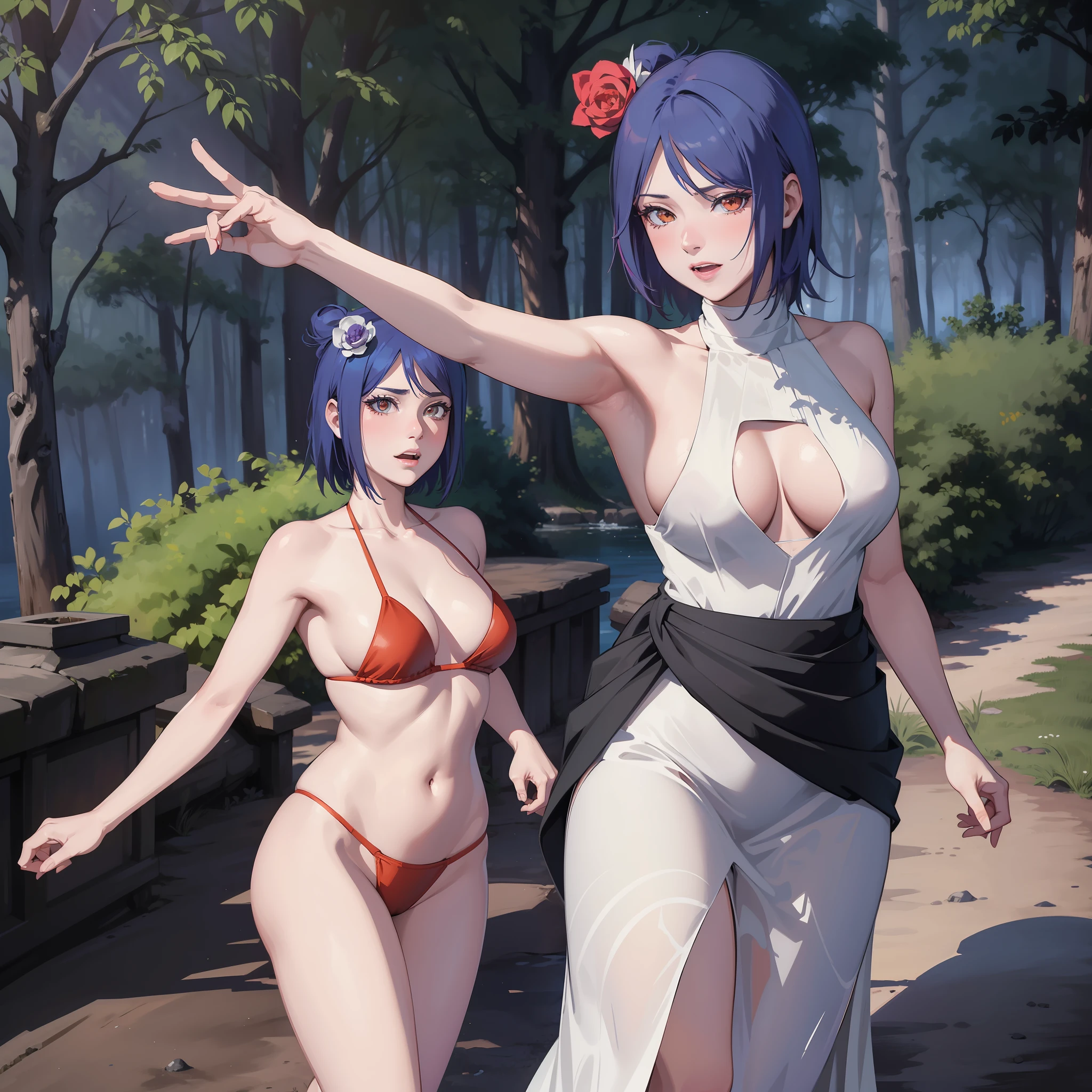 best quality, masterpiece, highly detailed, more realistic, high definition, konan naruto, orange eyes,akatsuki bikini, star, realistic breasttiful body, akatsuki bikini big breasts, ort purple hair, an dancing in the forest, forest in ancient russia, night, white lingerie, historical site, old dress, seduction, make an erotic face, make an erotic moonless night,  moonight, blood moon, too little light, too dark, too dark, no light, fog