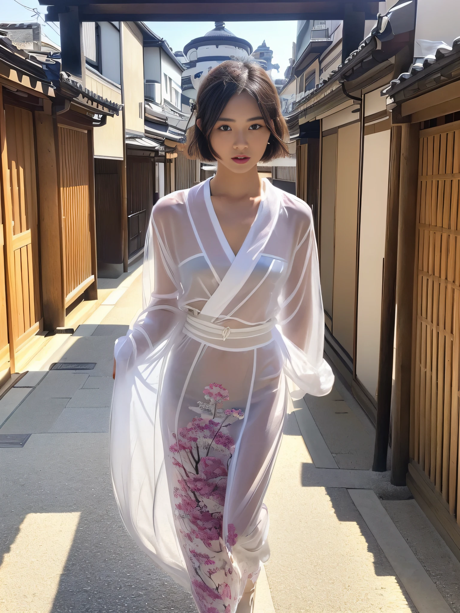 ((Top Quality, 16k, Masterpiece: 1.3)), 1 Girl, (Face Focus: 1.2, Depth of Field), Beautiful Women with Perfect Figure: 1.4, Slender Abs: 1.2, (((Short Bob Hair)), ((Small: 1.1)), ((Beautiful Face Idol: 1.3)), ((Kimono 1.5 (Transparent White Fabric)), Highly Detailed Face and Skin Texture, Detailed Eyes, Double Eyelids, (((Pause)), (Seductive), Walking, Kyoto cityscape,