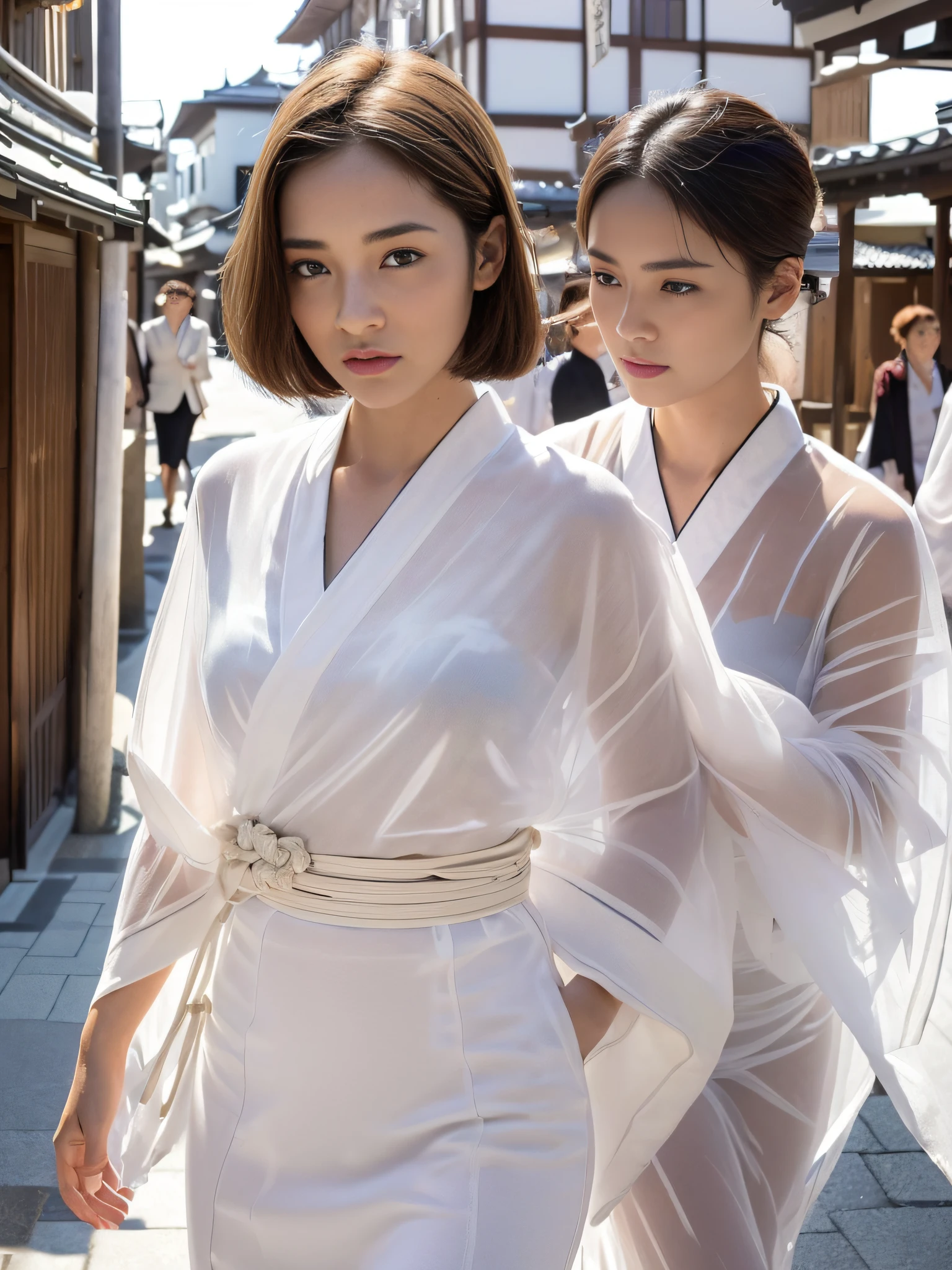 ((Top Quality, 16k, Masterpiece: 1.3)), 1 Girl, (Face Focus: 1.2, Depth of Field), Beautiful Women with Perfect Figure: 1.4, Slender Abs: 1.2, (((Short Bob Hair)), ((Small: 1.1)), ((Beautiful Face Idol: 1.3)), ((Kimono 1.5 (Transparent White Fabric)), Highly Detailed Face and Skin Texture, Detailed Eyes, Double Eyelids, (((Pause)), (Seductive), Walking, Kyoto cityscape,